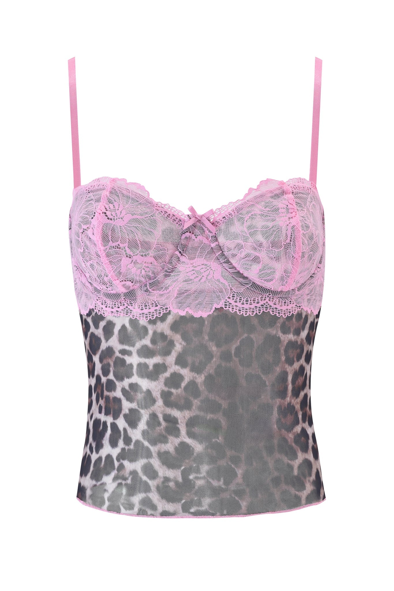 The I.AM.GIA SILO TOP - CLASSIC LEOPARD features thin pink straps, a lace bustier detail at the bust, and a stylish grey leopard print design.