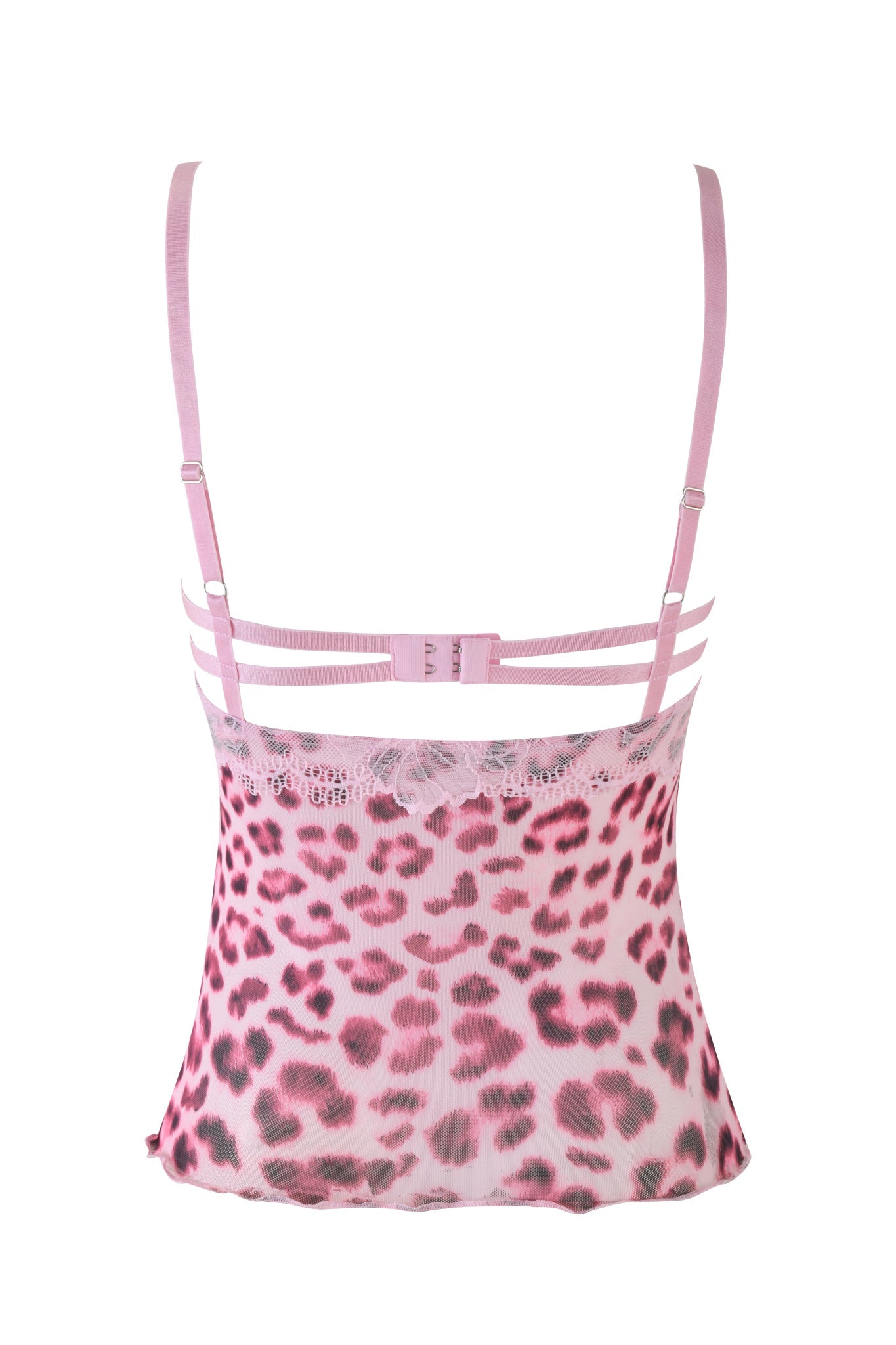 A view of the SILO TOP from I.AM.GIA showcases a pink leopard print design with lace trim at the top. It includes three thin horizontal straps, adjustable shoulder straps, and is made from a mesh fabric featuring a hook-and-eye closure at the back.