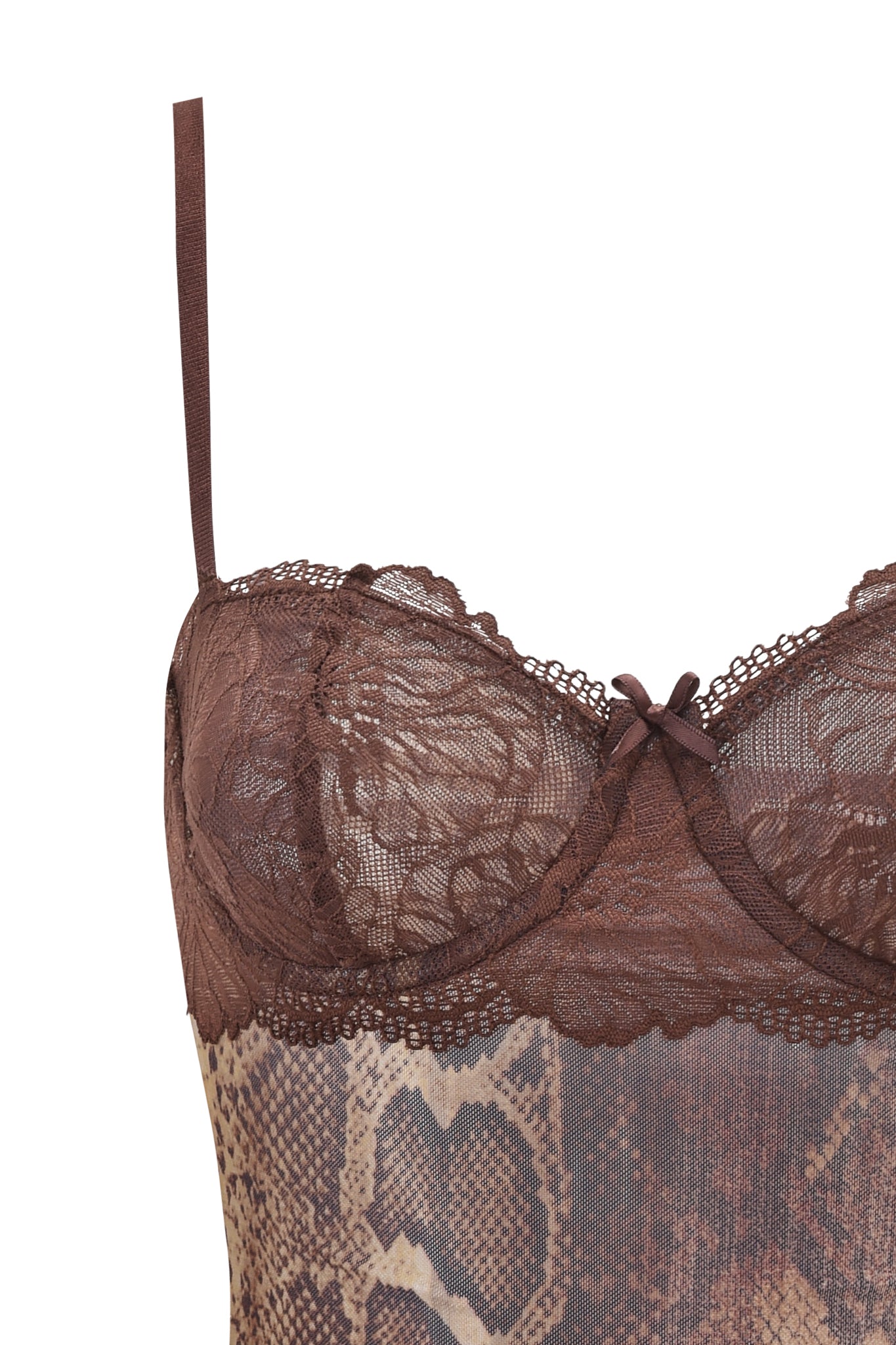 Close-up of the I.AM.GIA SILO TOP - SNAKE, a brown lace camisole bodysuit with spaghetti straps, underwire cups, a center bow, and sheer bustier panels in an elegant snakeskin-patterned fabric.
