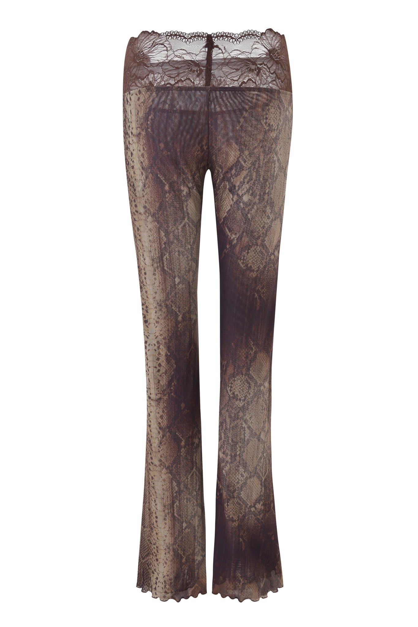The SILO PANT - SNAKE by I.AM.GIA features high-waisted, flared mesh pants in brown and beige snake print with sheer lace at the waistband and scalloped hems, shown from the back.