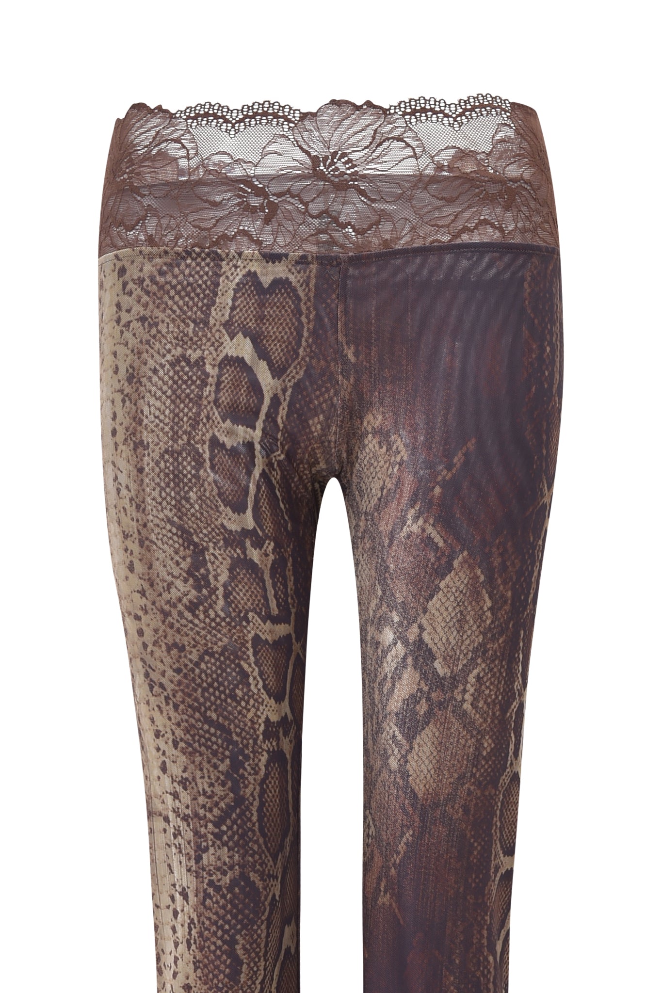 The I.AM.GIA SILO PANT - SNAKE features a snakeskin pattern, low rise fit, floral lace waistband, and lace-trimmed hems, shown on a white background for an elegant touch.