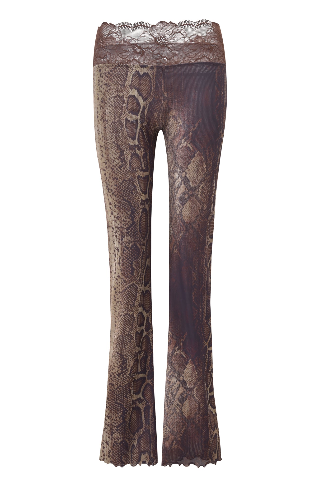 The SILO PANT - SNAKE by I.AM.GIA is a brown, high-waisted pant with a flared silhouette, snakeskin print, and lace-trimmed waistband, shown here from the back.
