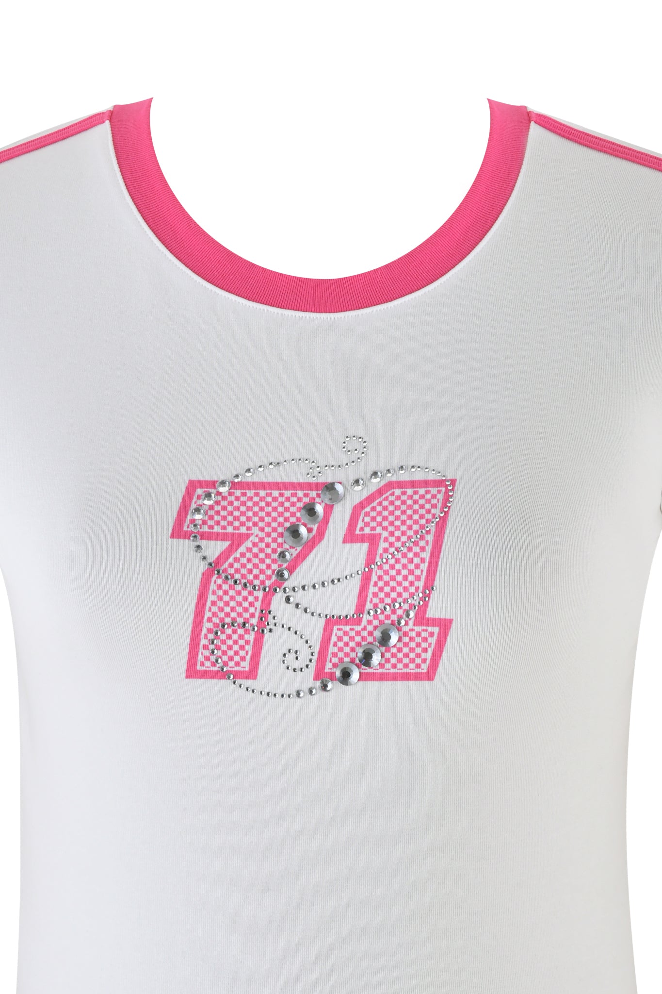 The I.AM.GIA JENNIE TOP - WHITE : HOT PINK is a bodycon baby tee with a white base and pink trim at the neckline, highlighted by a large, pink-outlined "71" on the chest adorned with silver rhinestones for extra sparkle.