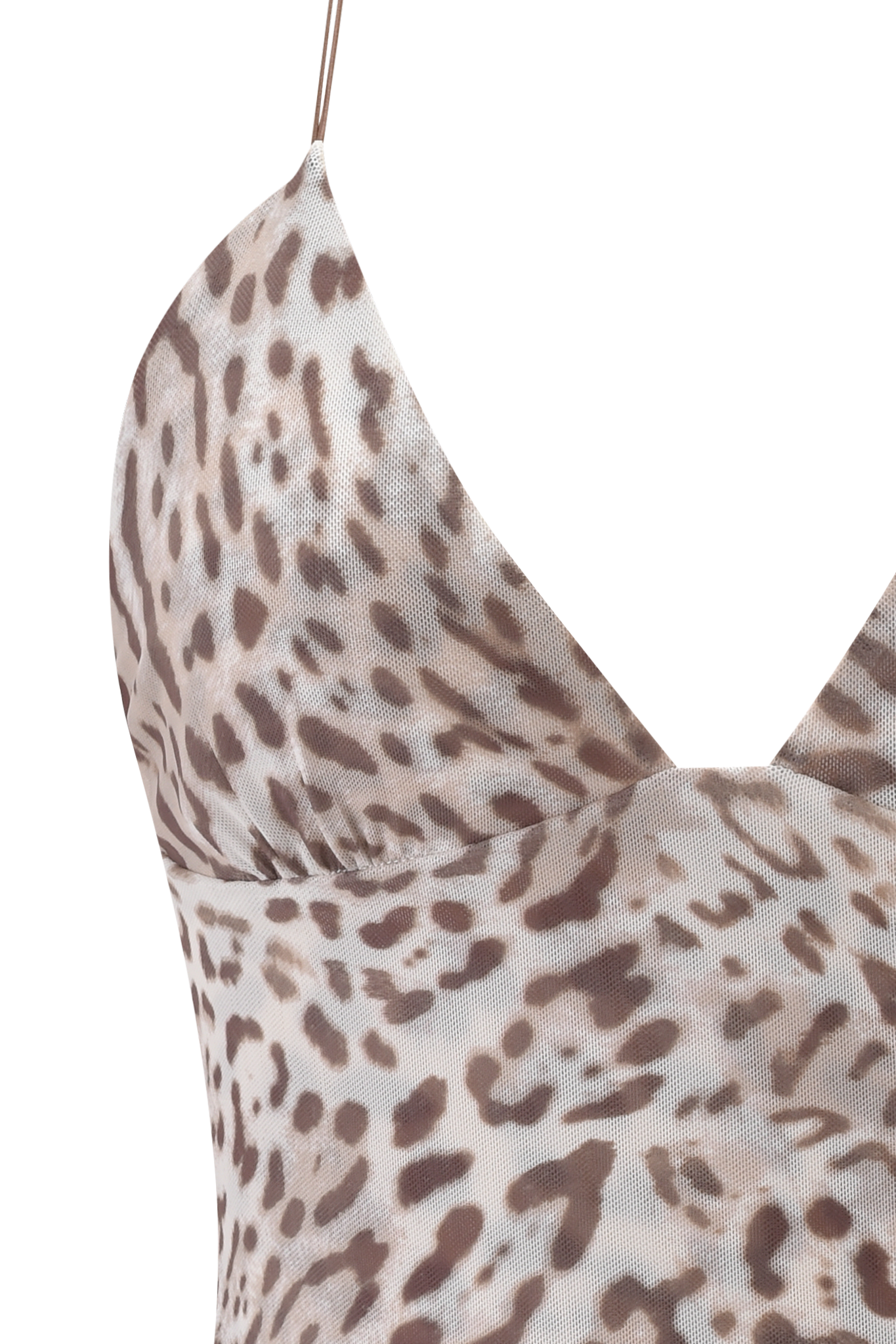 Close-up of the I.AM.GIA ELLERY TOP - LEOPARD: a sleeveless, lightweight mesh top with a brown and beige warped leopard print, deep V-neckline, thin shoulder straps, and semi-sheer fabric.
