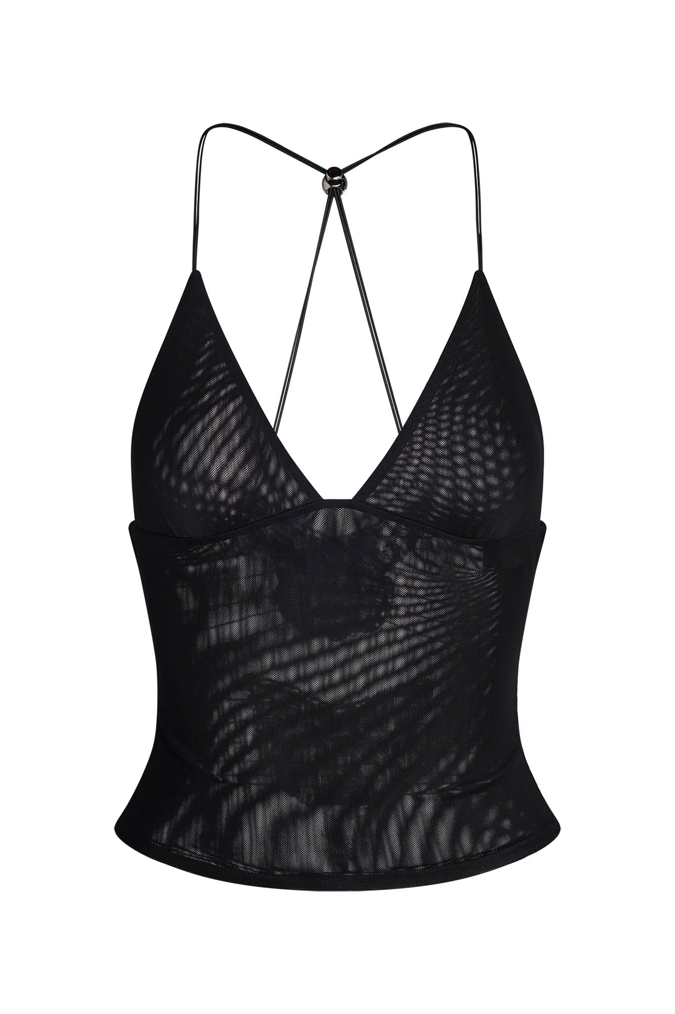 The ELLERY TOP - BLACK from I.AM.GIA is a black halter neck top with thin straps and a sheer, mesh-like fabric. It features a plunging V-neckline and a fitted bodice, creating a stylish and elegant look. The straps criss-cross at the back for added detail.