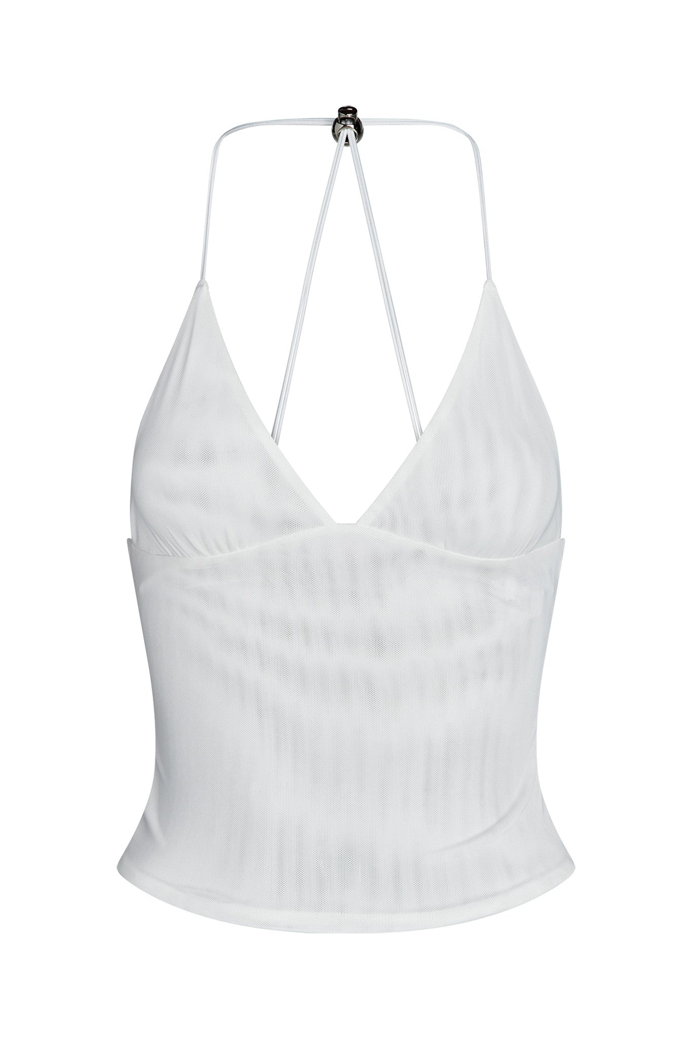 The ELLERY TOP - WHITE from I.AM.GIA is a white, sleeveless, halter-style crop top with thin straps. It features a deep V-neckline and has a fitted, slightly curved hemline that ends at the waist. The fabric appears to have a subtle texture.