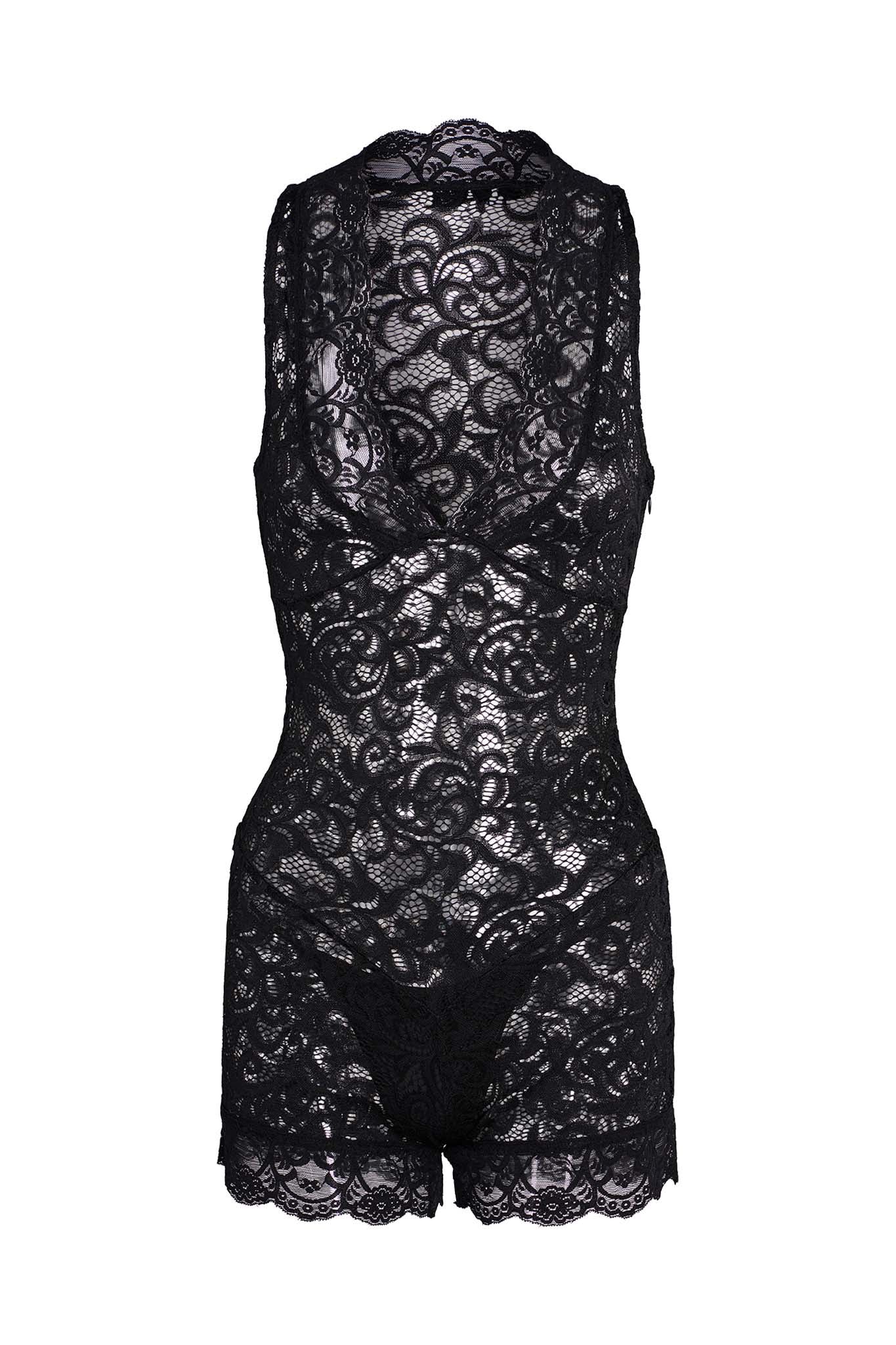The GEMMA ROMPER by I.AM.GIA in black showcases intricate floral patterns, a crew neckline, and a sleeveless design. Its semi-sheer appearance highlights detailed lacework that extends into fitted shorts with scalloped edges.