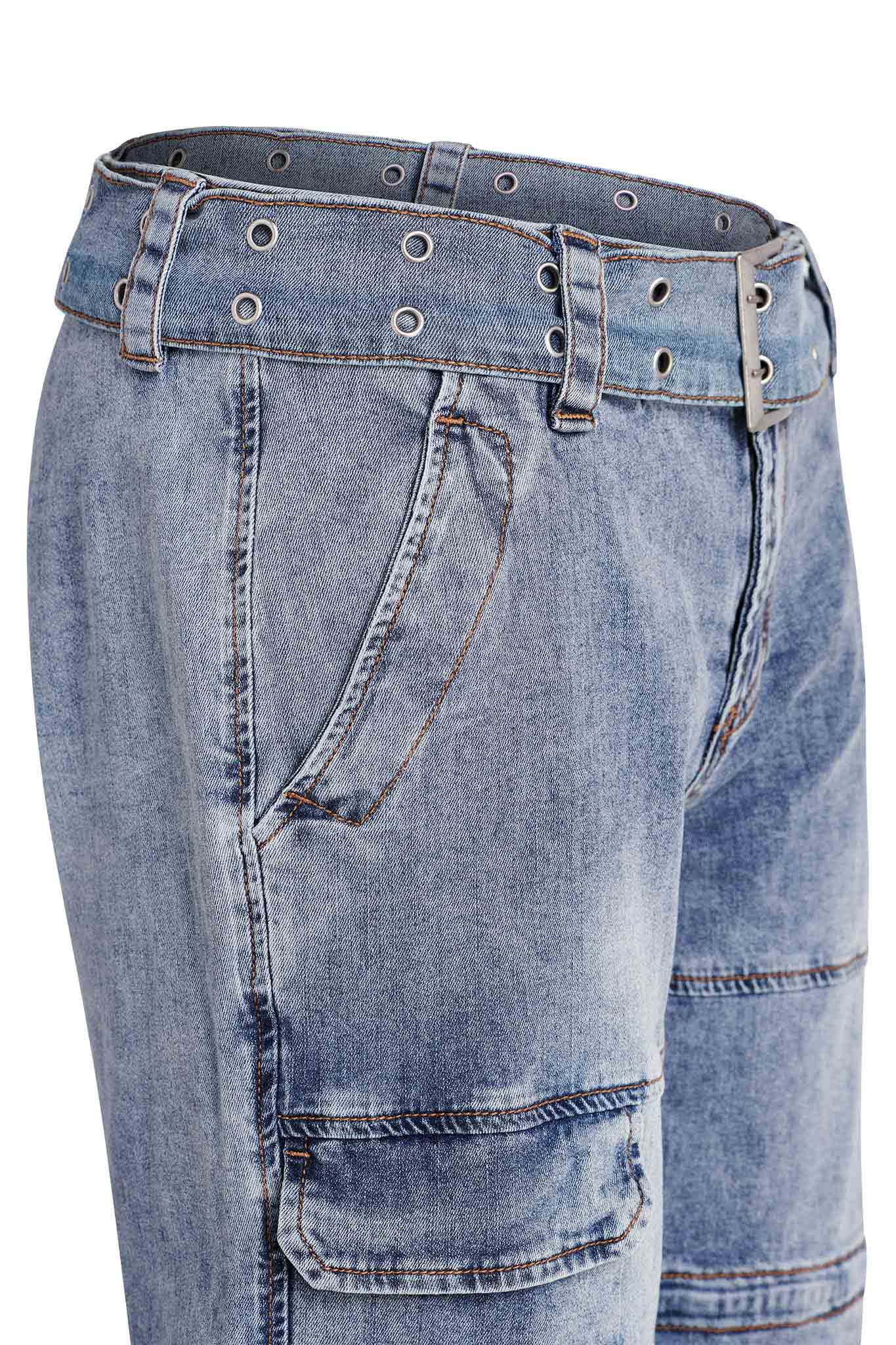 Close-up image of the NAIMA CARGO PANT - DENIM by I.AM.GIA, featuring a matching denim belt with multiple metal eyelets. The cargo pants have visible front pockets and prominent stitching along the seams, giving them a rugged and stylish appearance.