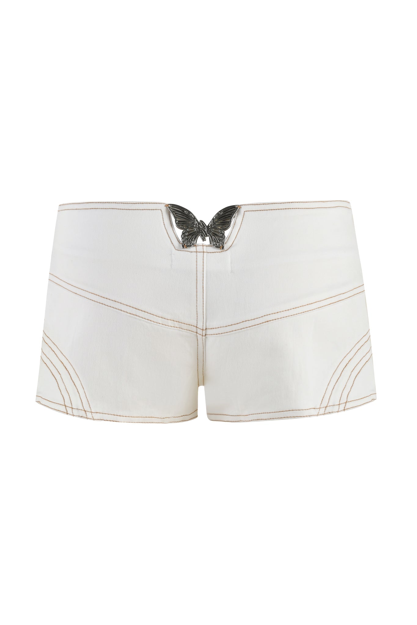 The SEQUOIA SHORT - WHITE by I.AM.GIA are high-waisted white leather micro mini shorts featuring decorative stitching and a black butterfly detail on the upper center, offering a sleek and modern design.