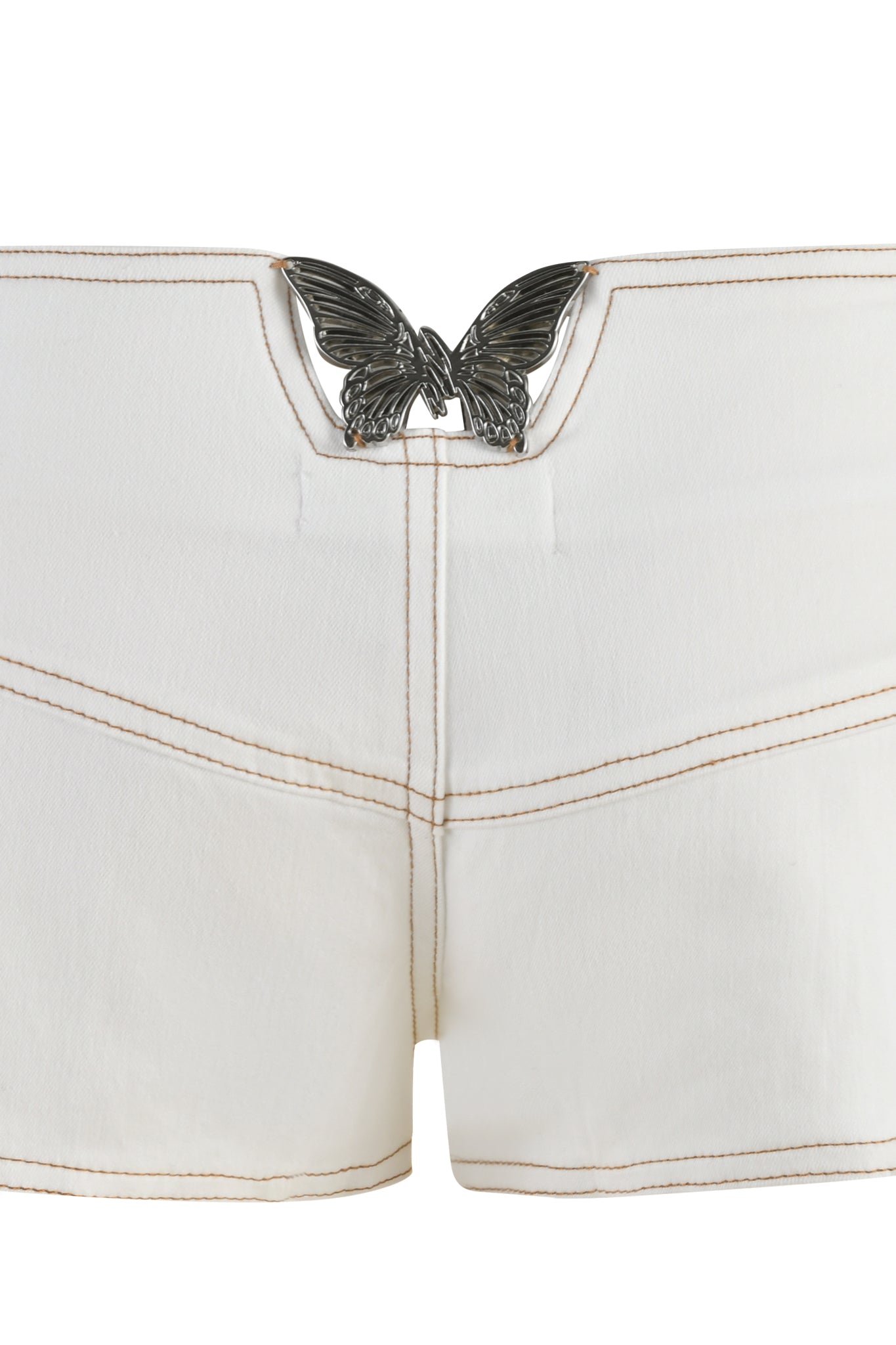 The SEQUOIA SHORT - WHITE : DENIM by I.AM.GIA is a pair of white micro mini shorts made from stretch denim. These shorts showcase a distinct silver butterfly-shaped clasp at the low-rise waist, with prominent brown stitching outlining the seams to create a striking contrast against the white fabric.
