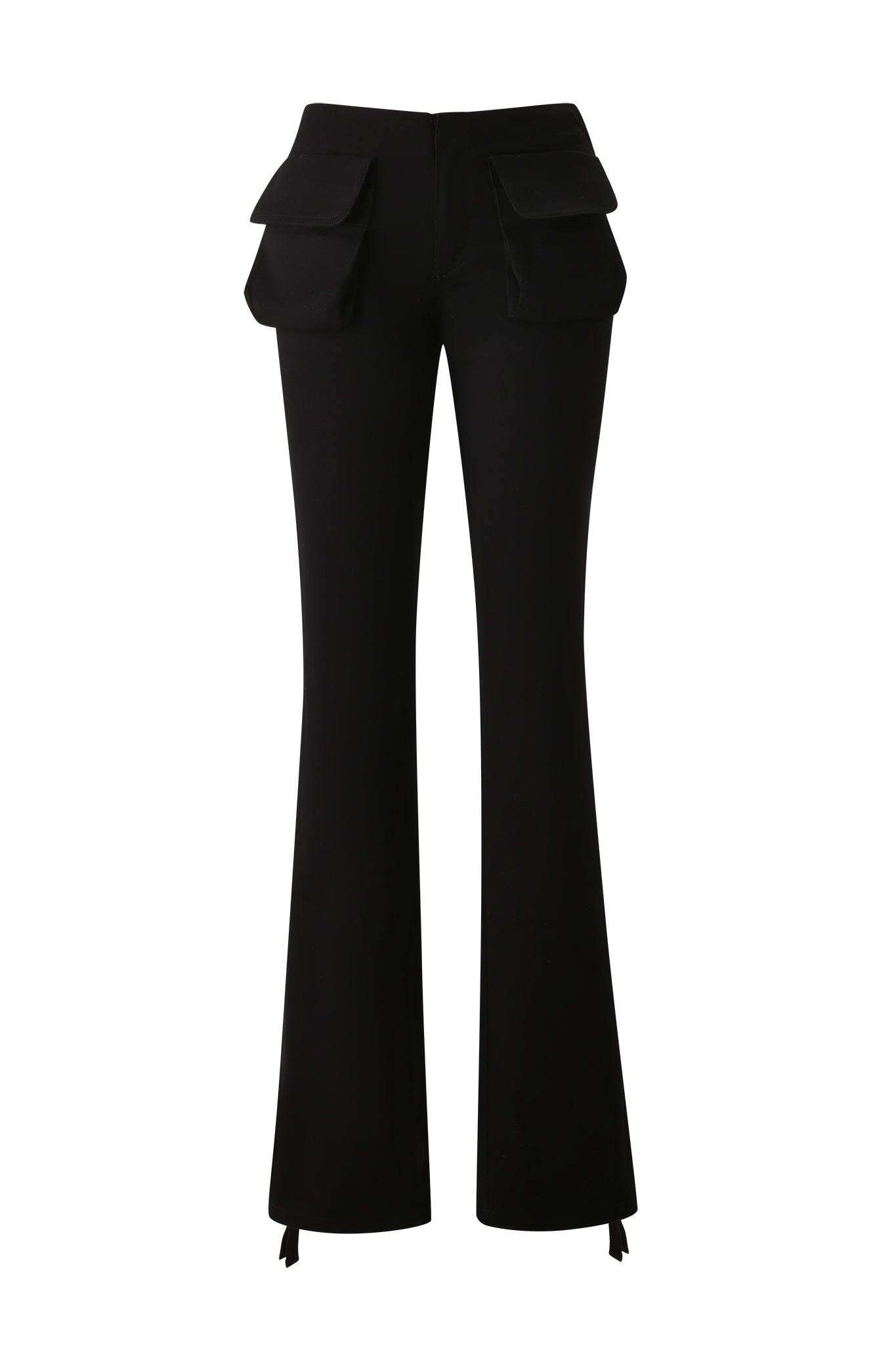 The KIMANI PANT - BLACK by I.AM.GIA features a mid-rise waist, two large layered flap pockets at each hip, adjustable drawstring hems, and wide flared legs for a bold yet versatile look.