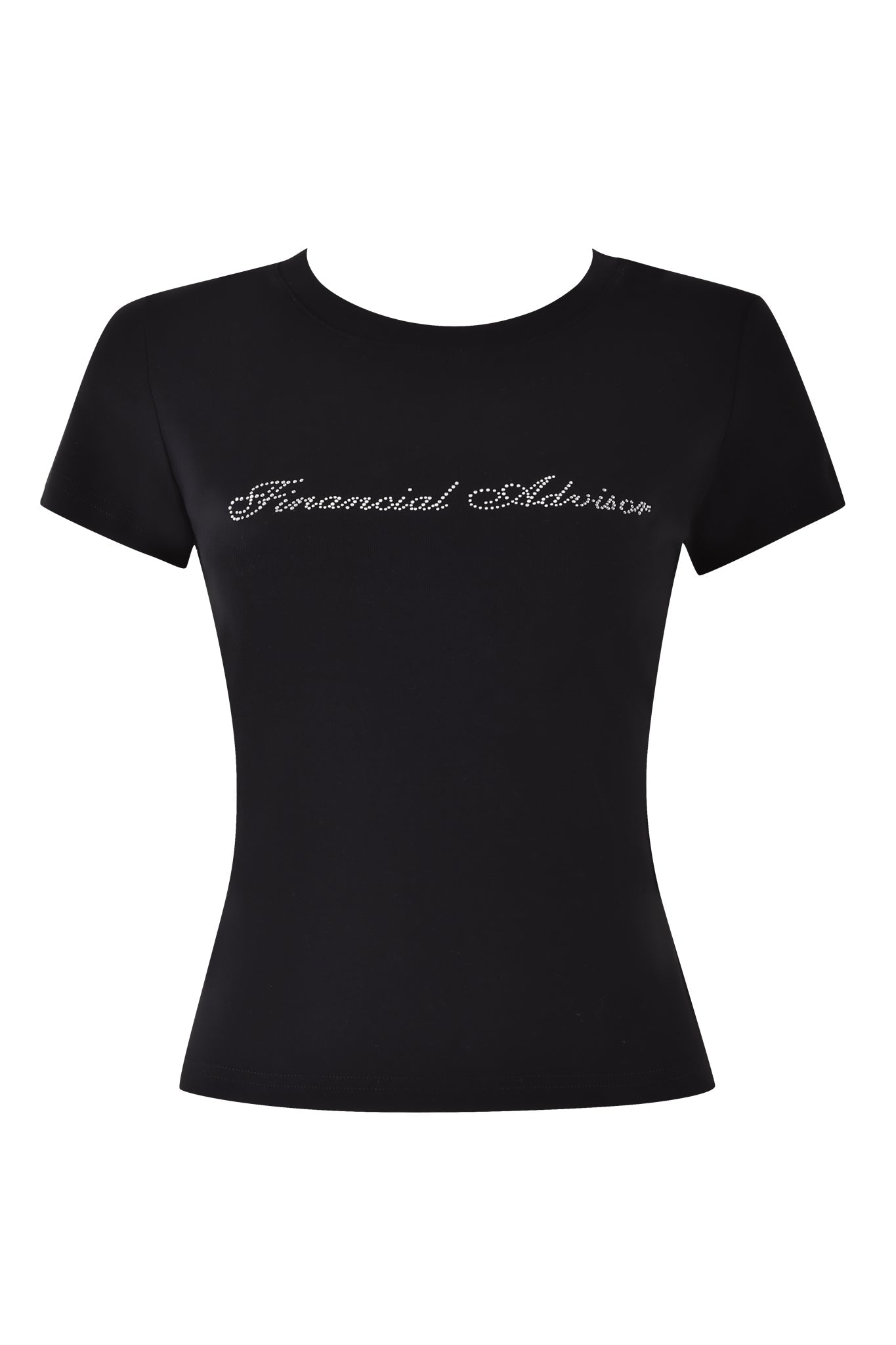 The ODEZIA TOP - BLACK:DIAMONTE by I.AM.GIA is a fitted, short-sleeve t-shirt made from soft jersey fabric, featuring the words "Financial Advisor" in a custom diamante cursive print.