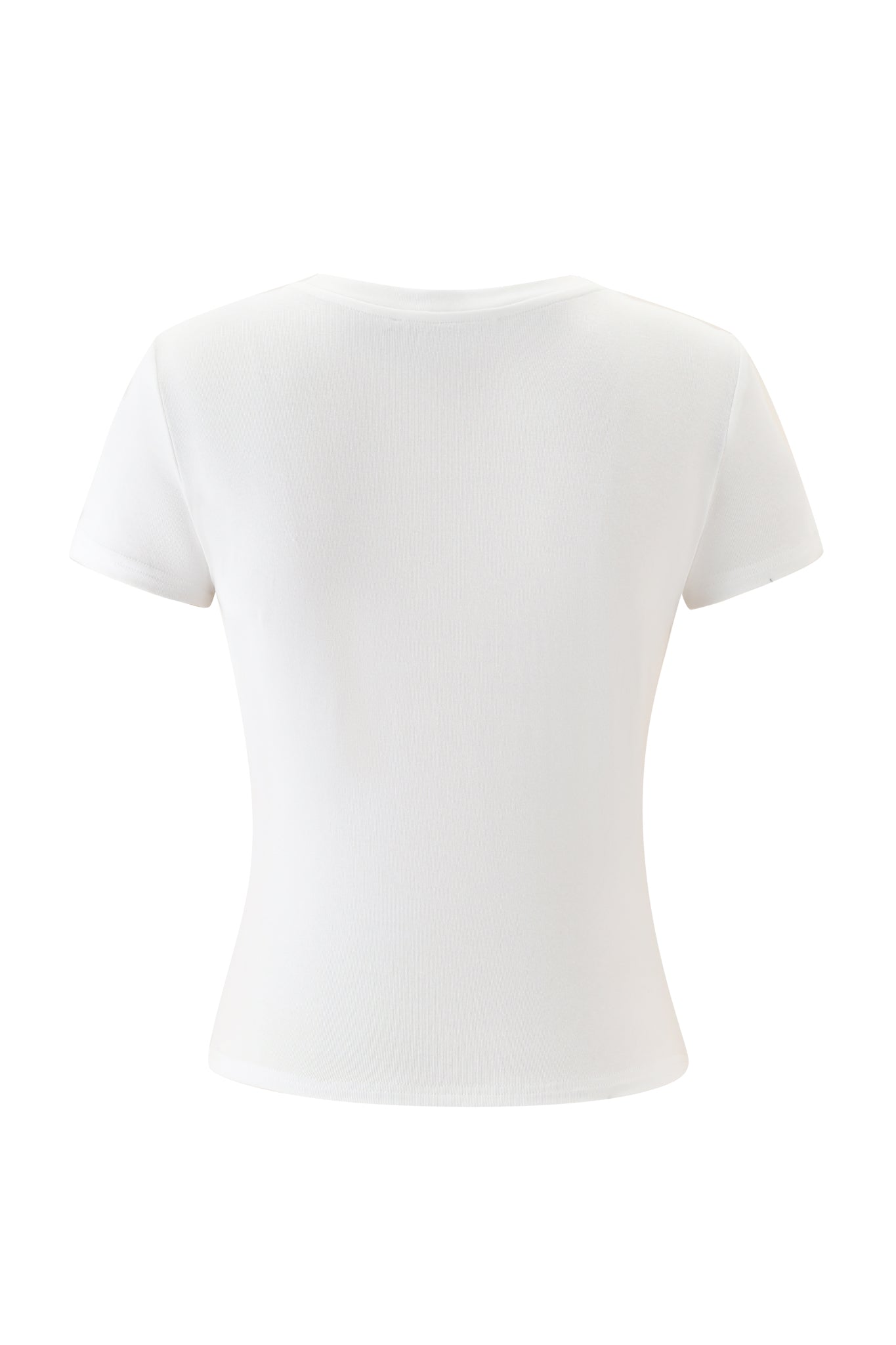 The ODEZIA TOP - GIA GIRLS by I.AM.GIA is a minimalist, plain white short-sleeve baby tee, shown from the back on a white background.