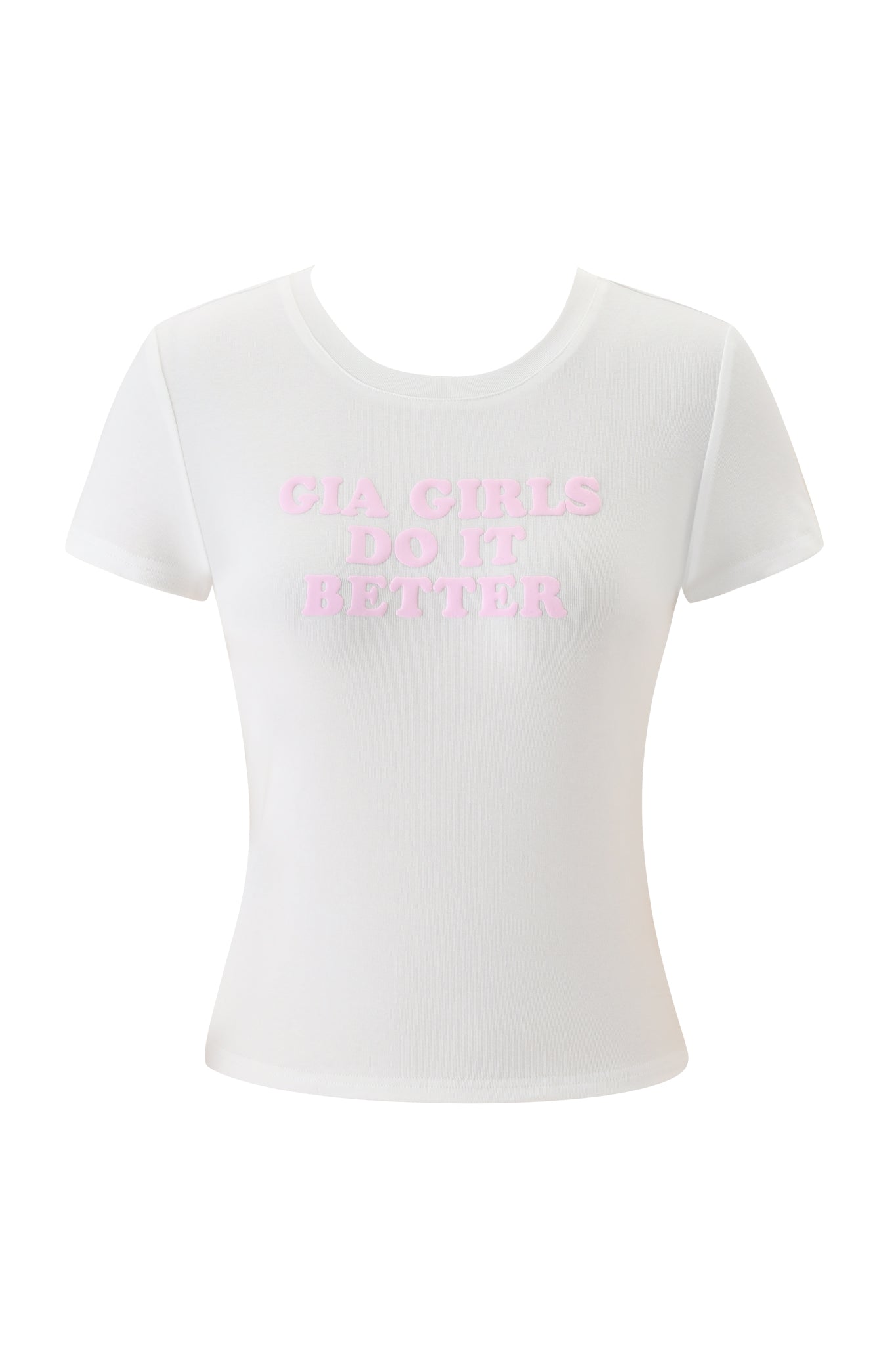 The ODEZIA TOP - GIA GIRLS by I.AM.GIA is a white, fitted, short-sleeve baby tee with "GIA GIRLS DO IT BETTER" printed in bold light pink capitals across the chest.