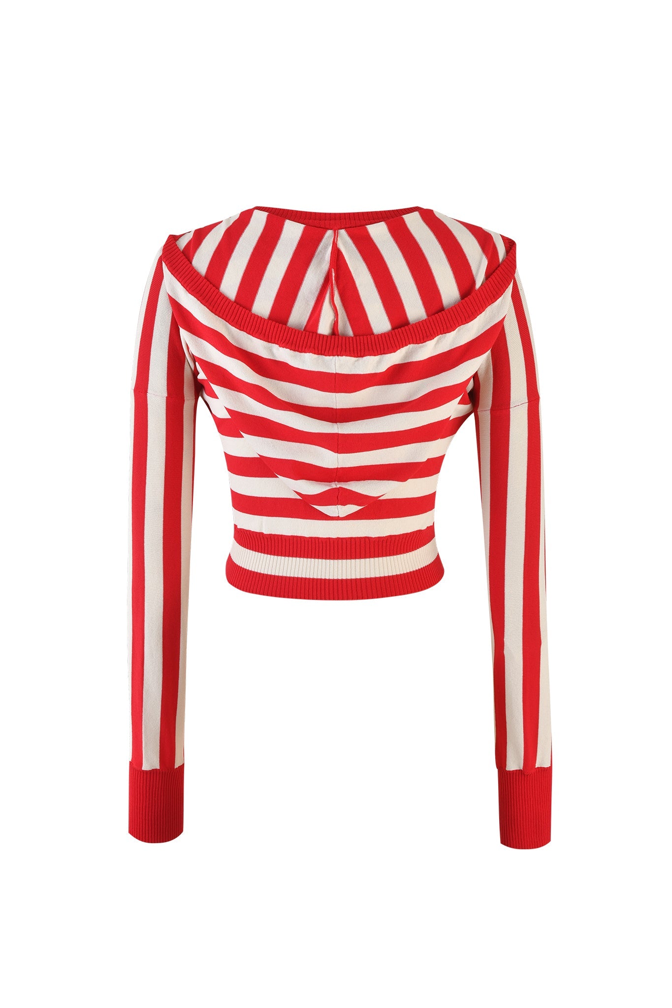 The SUZI SWEATER - RED : STRIPE from I.AM.GIA is a cropped, long-sleeve top featuring bold red and white horizontal stripes. It showcases a V-shaped open detail near the top of the back and is finished with solid red cuffs. The knitted fabric offers a textured look.