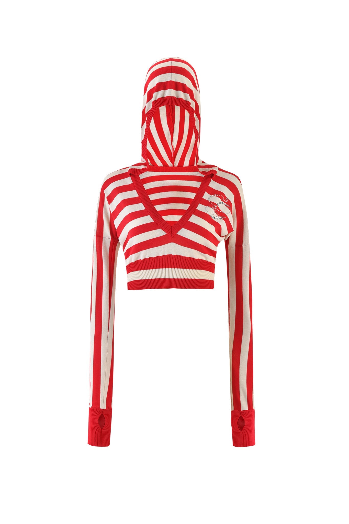 The SUZI SWEATER - RED : STRIPE by I.AM.GIA is a cropped, long-sleeve, hooded sweater with red and white horizontal stripes. It features an asymmetrical neckline, red cuffs, and a small "ADIDAS" logo with the classic three stripes on the upper left side.