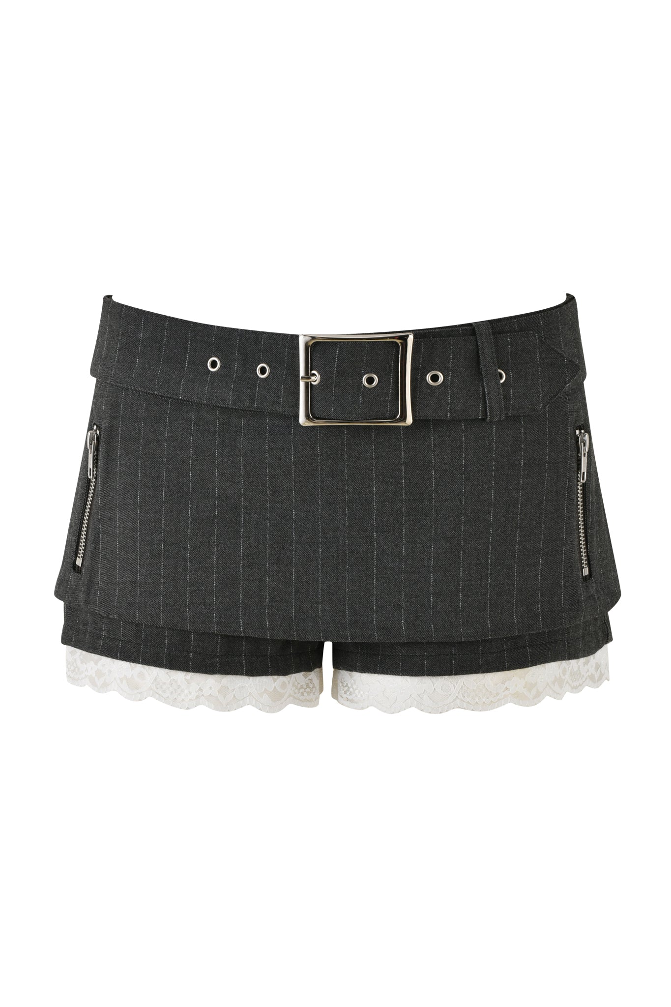 The MARRION SKORT - GREY : PINSTRIPE by I.AM.GIA is a pair of dark pinstriped mini shorts with a matching belt, silver buckle, and eyelets. It features front zipper pockets and white lace trim peeking out from the low-rise waist hem.