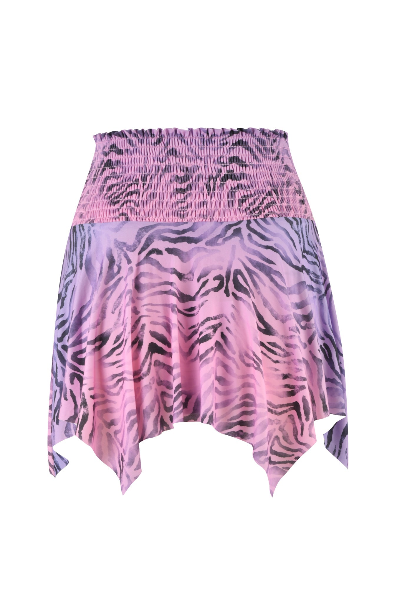 The NAIA SKIRT - PURPLE : ZEBRA from I.AM.GIA is a pink and purple knee-length skirt with a zebra ombre print. It features a wide, smocked elastic waistband for added stretch and a handkerchief hemline for a flowy, asymmetrical look.