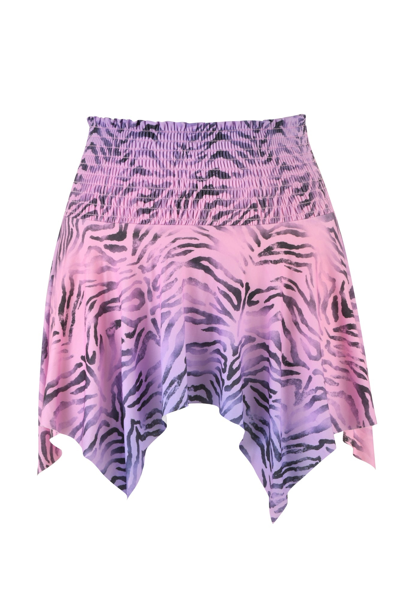 The NAIA SKIRT - PURPLE : ZEBRA by I.AM.GIA features a stretchy, smocked waistband and an asymmetrical hemline, with fabric showcasing a vibrant pink and purple zebra ombre print.