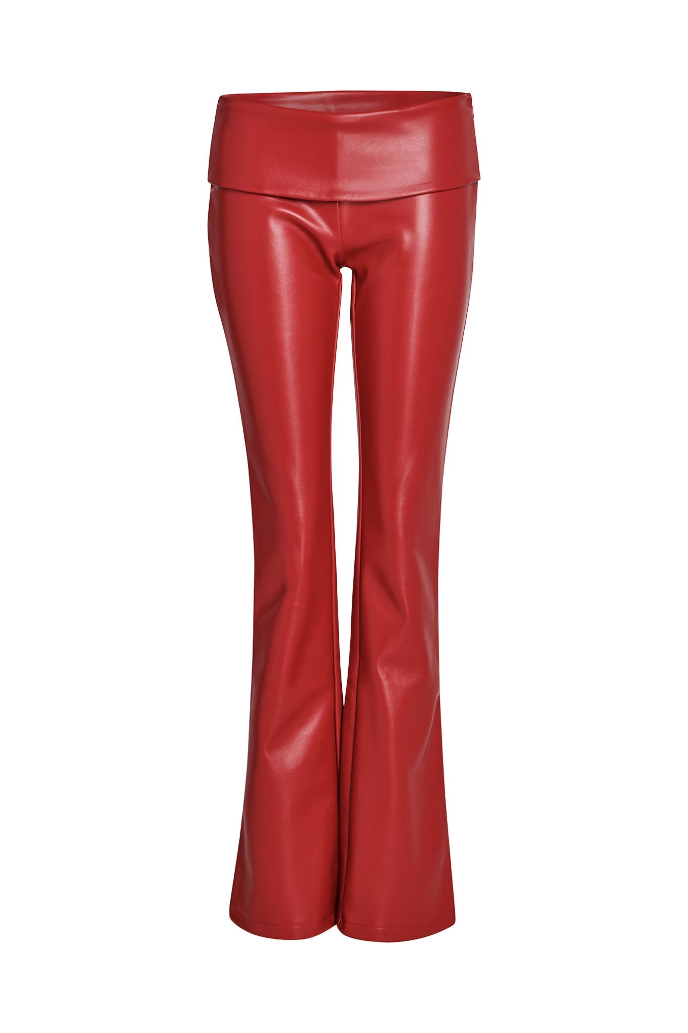The AMALTHEA PANT 2.0 - RED by I.AM.GIA are a pair of high-waisted, red leather pants with a slightly flared leg. The wide waistband and shiny finish of the material suggest it's made from synthetic leather or a similar glossy fabric. These pants are displayed on a white background.