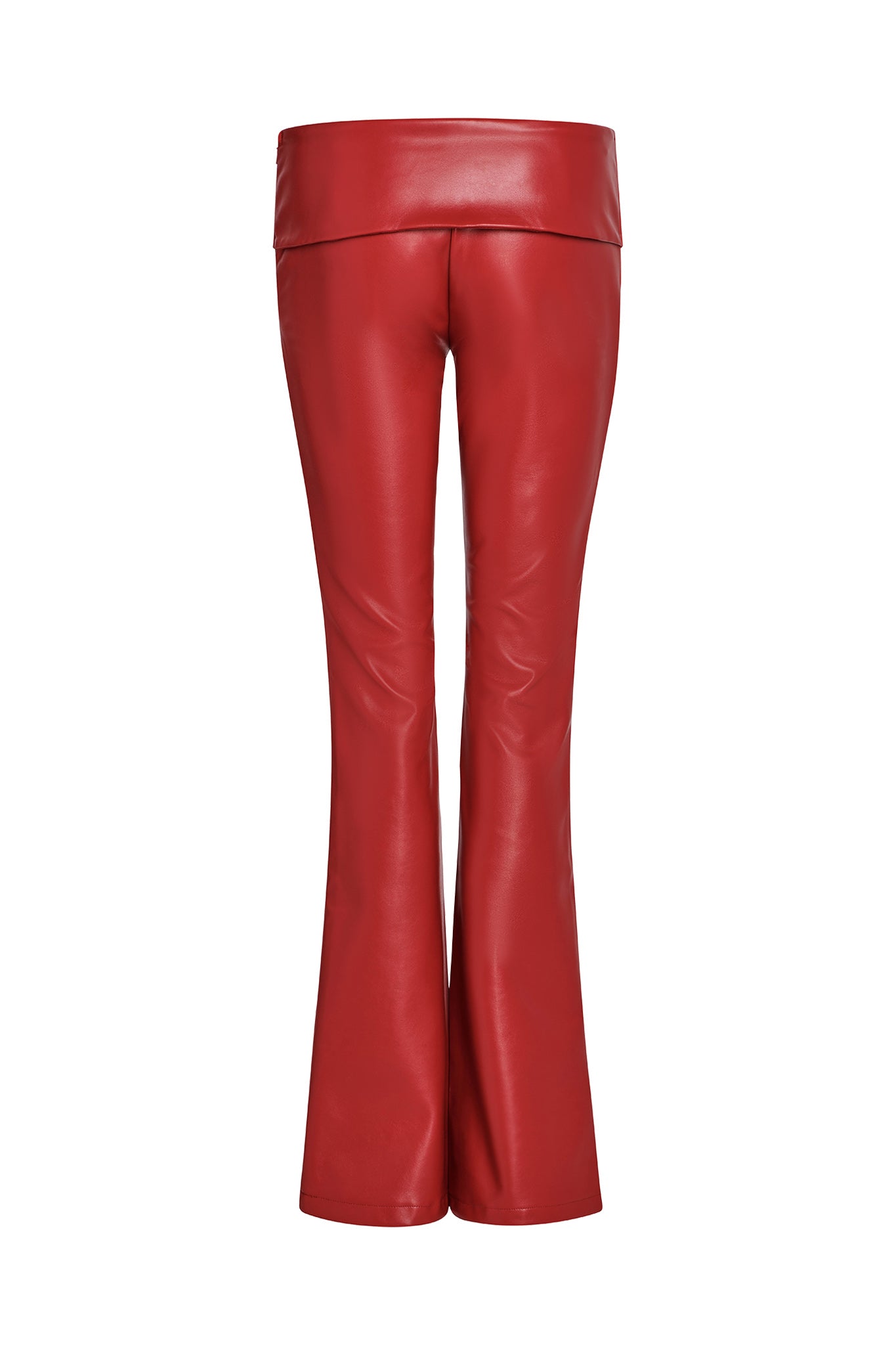 The AMALTHEA PANT 2.0 - RED by I.AM.GIA features a form-fitting design and flared legs, complemented by a wide waistband and a sleek, shiny finish. These striking red leather pants are presented against a plain white background.