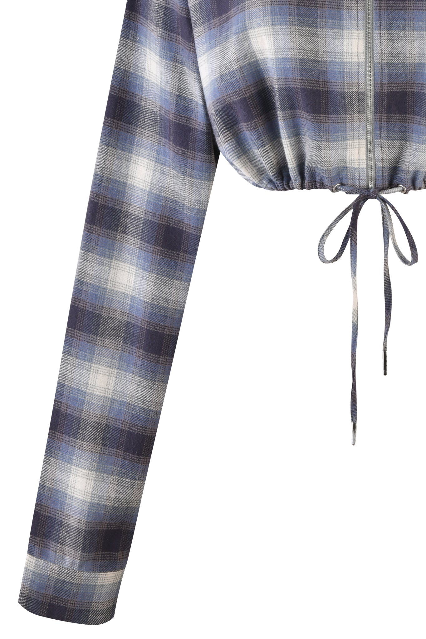 Close-up of the TIFF JACKET - BLUE by I.AM.GIA, a long-sleeved jacket featuring a blue and white plaid pattern with varying shades of blue intersecting with white lines. A drawstring at the waist is tied in a bow, giving the garment a casual touch.