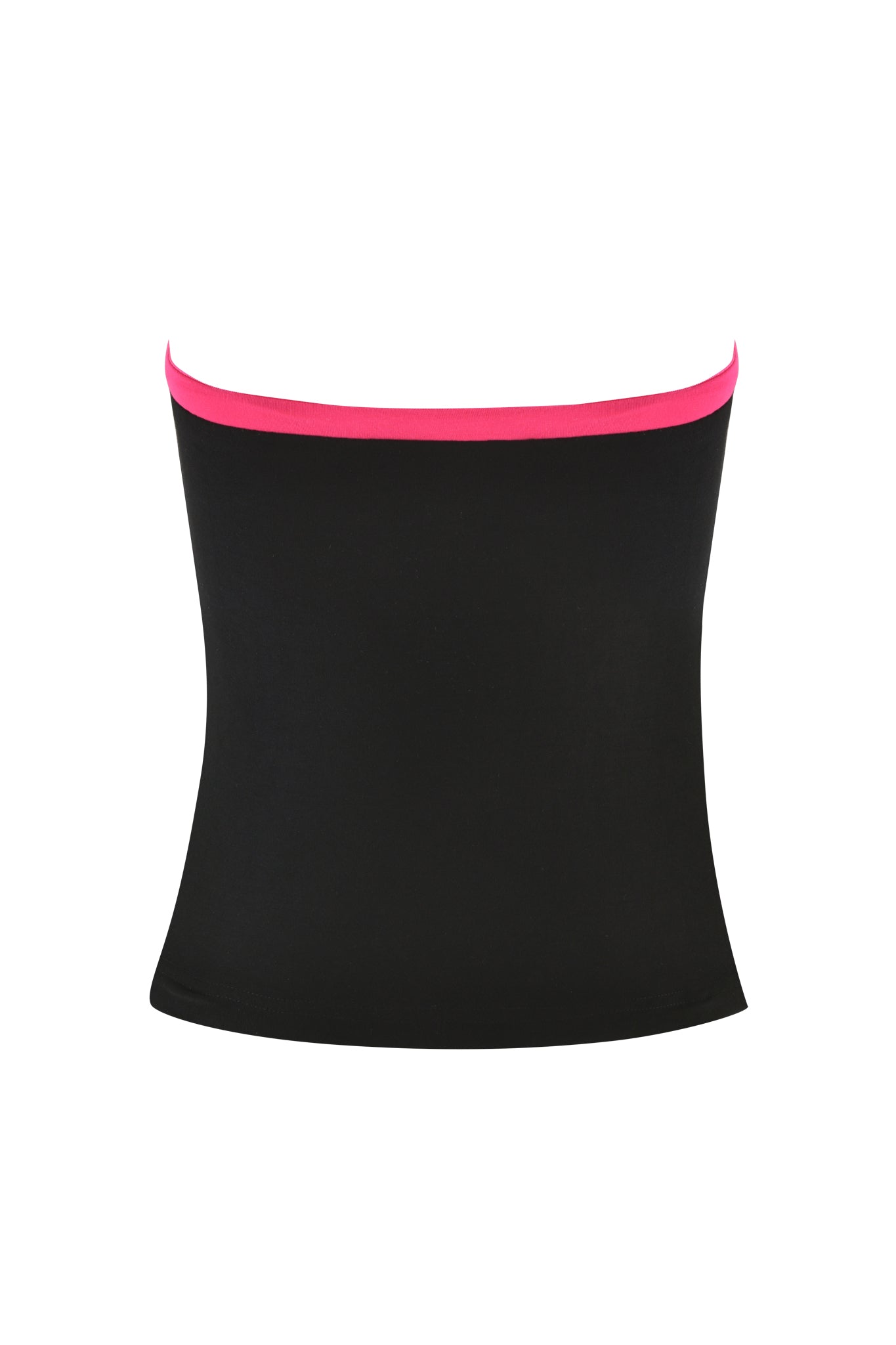 The MICHELLE BOOB TUBE - BLACK by I.AM.GIA features a sleek bodycon fit with a striking black design and a vibrant pink trim along the upper edge, all presented against a plain white background.