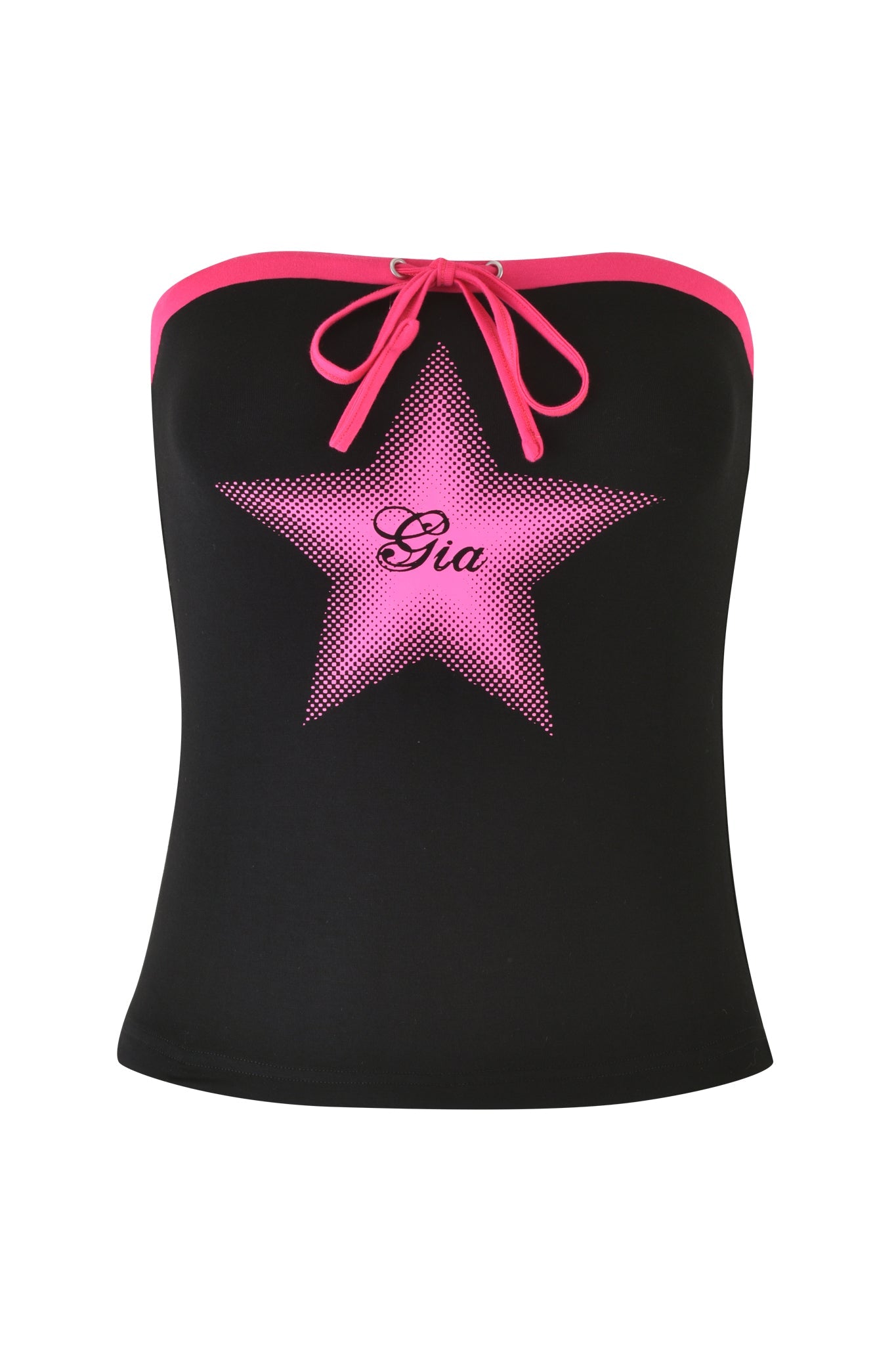 The MICHELLE BOOB TUBE - BLACK by I.AM.GIA features a chic bodycon fit, adorned with a pink border and tie at the neckline. It highlights custom Gia star artwork, showcasing a large pink star with "Gia" elegantly inscribed in cursive.