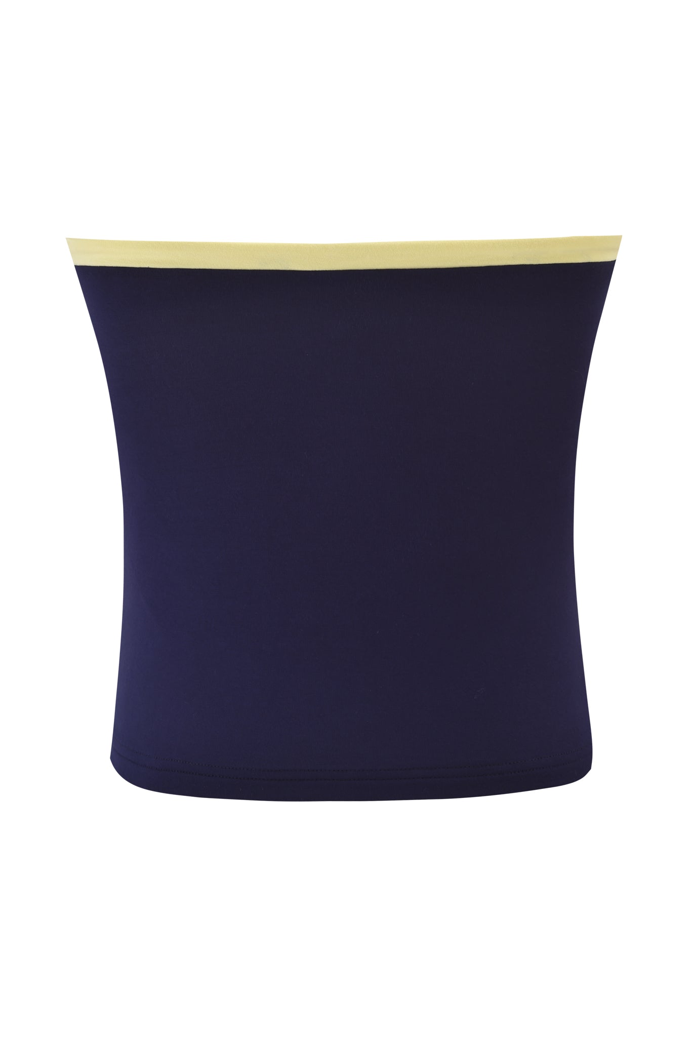 The I.AM.GIA MICHELLE BOOB TUBE - NAVY features a strapless bodycon fit with a light yellow band accenting the neckline, creating a chic, modern contrast against the crisp navy background.