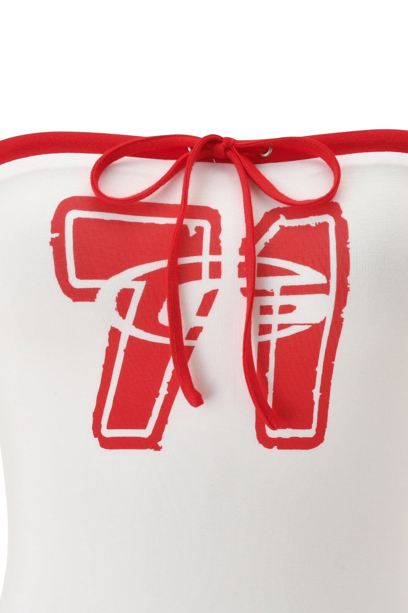 Close-up of the I.AM.GIA MICHELLE BOOB TUBE - WHITE: a strapless white top with red trim, red string bow, and bold distressed "77" print in red for an athletic look.