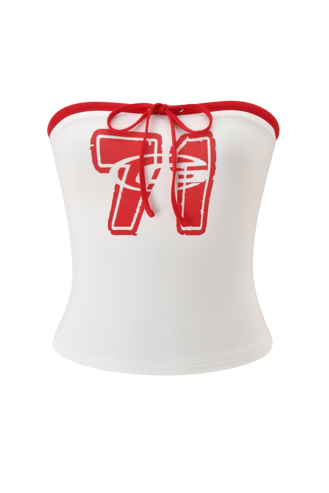 Sporty and chic, the I.AM.GIA MICHELLE BOOB TUBE - WHITE is a strapless top featuring bold red trim, a front tie at the bust, and an eye-catching "71" graphic.