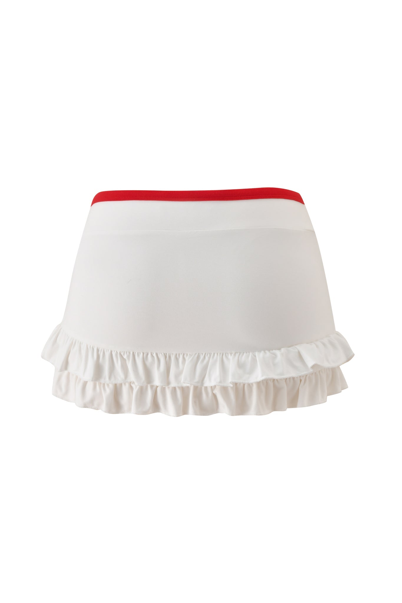 The MICHELLE SKORT - WHITE by I.AM.GIA features a red waistband and two tiers of ruffles at the hem, showcased on a plain white background.