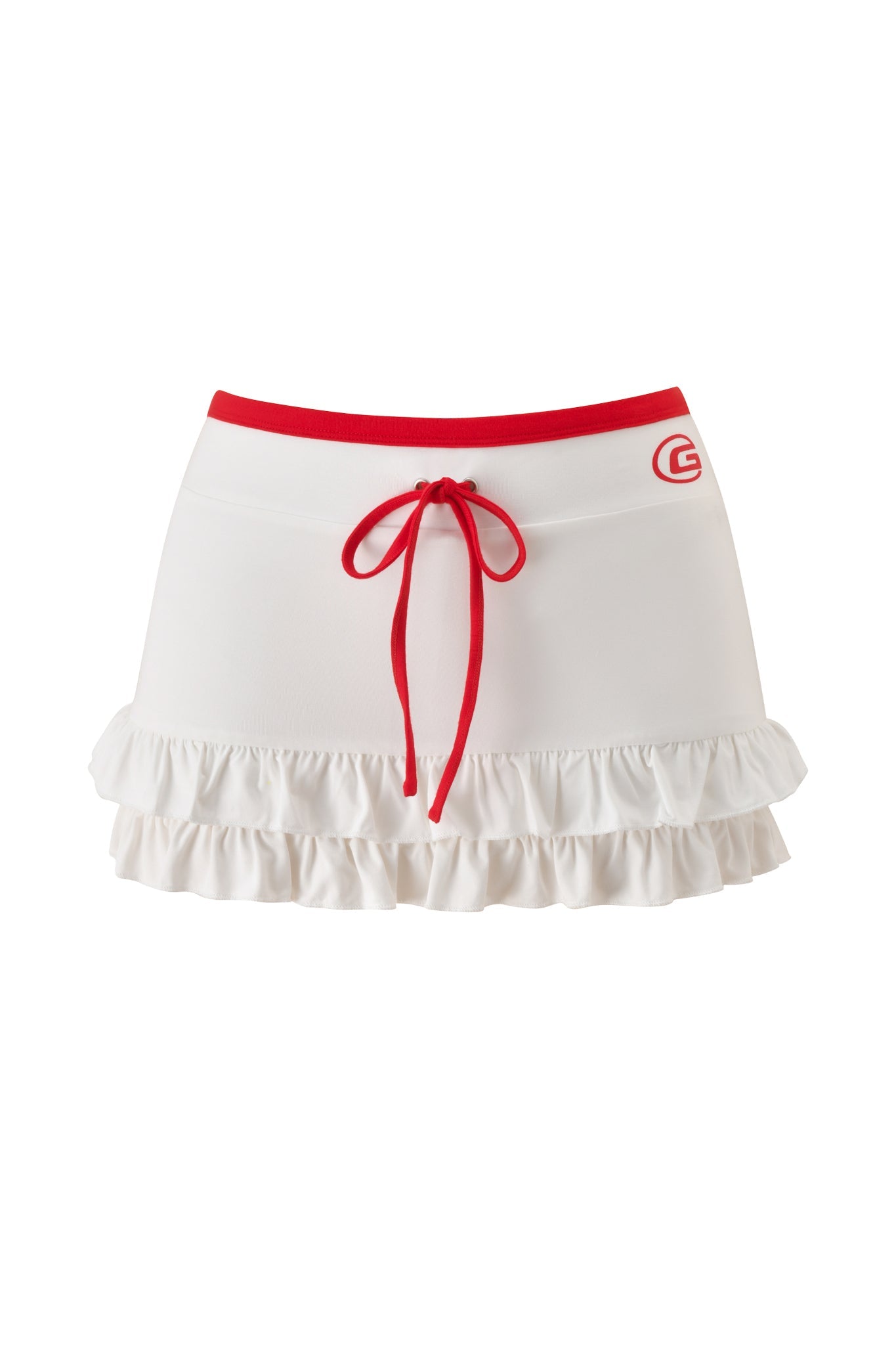 The MICHELLE SKORT – WHITE by I.AM.GIA features a playful low-rise fit with double ruffle hem, red waistband and drawstring, plus a red logo on the left waist—adding sporty charm to any outfit.