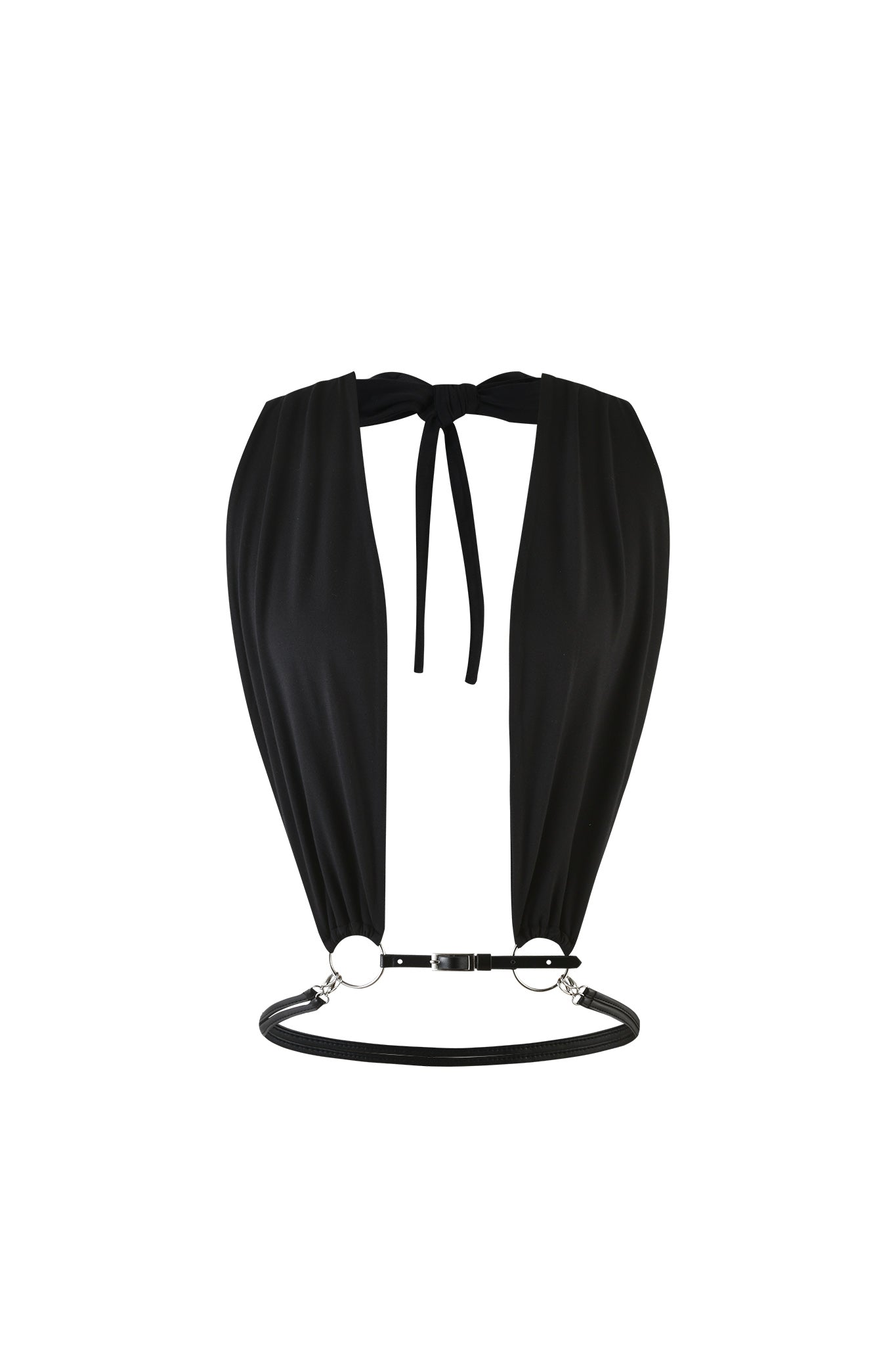 Introducing the MIKAYLA TOP - BLACK by I.AM.GIA: a sleek black halter neck top with a plunging neckline, highlighted by an open front secured with stylish black metal rings at the waist and neck. This minimalist design features draped fabric, offering a sophisticated and chic aesthetic.