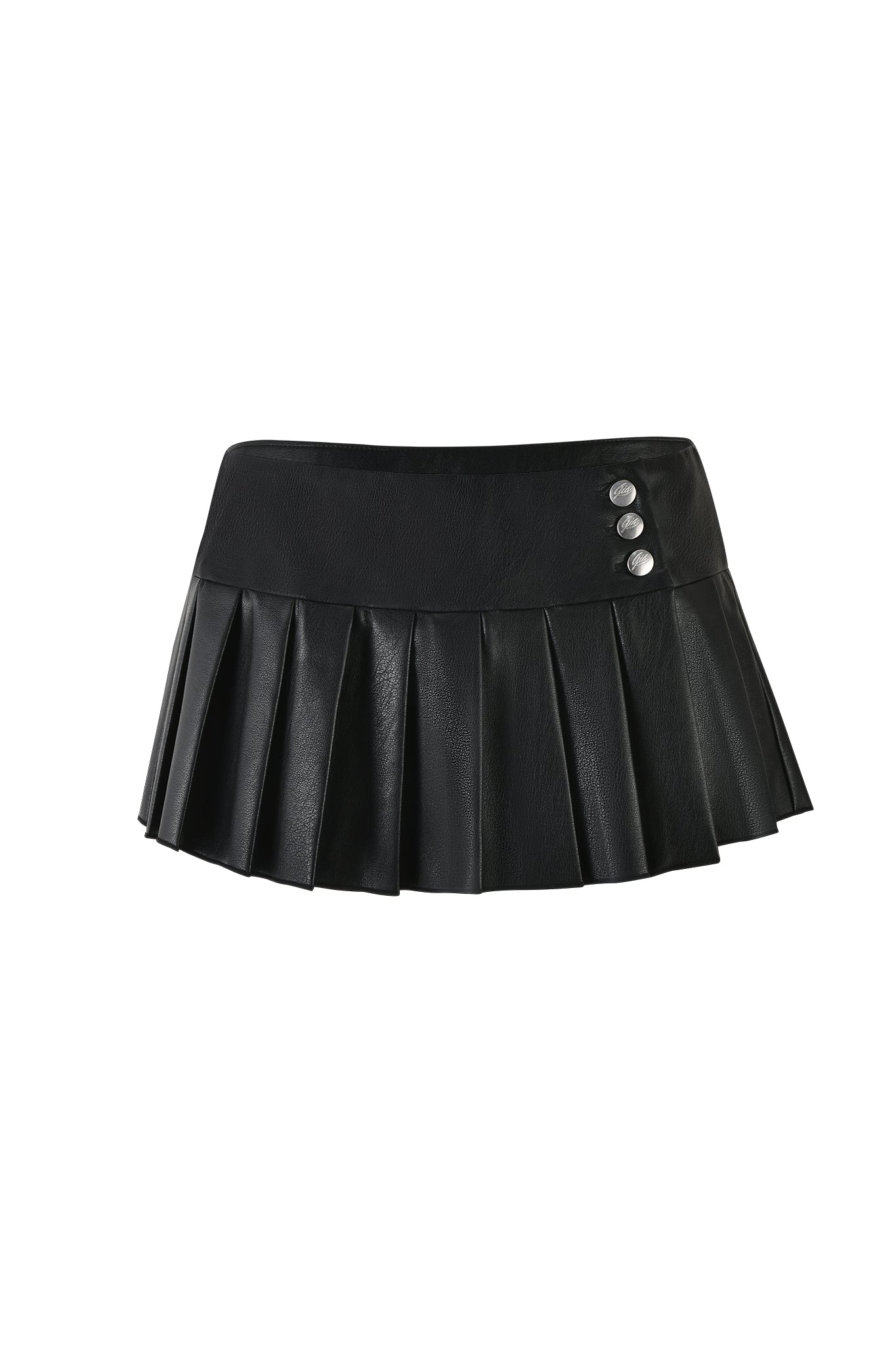 The REMINI PU SKORT - BLACK by I.AM.GIA features wide pleats and a high waistband adorned with three silver buttons on the right side. Its short length and sleek, stylish appearance make it a standout piece in any wardrobe.