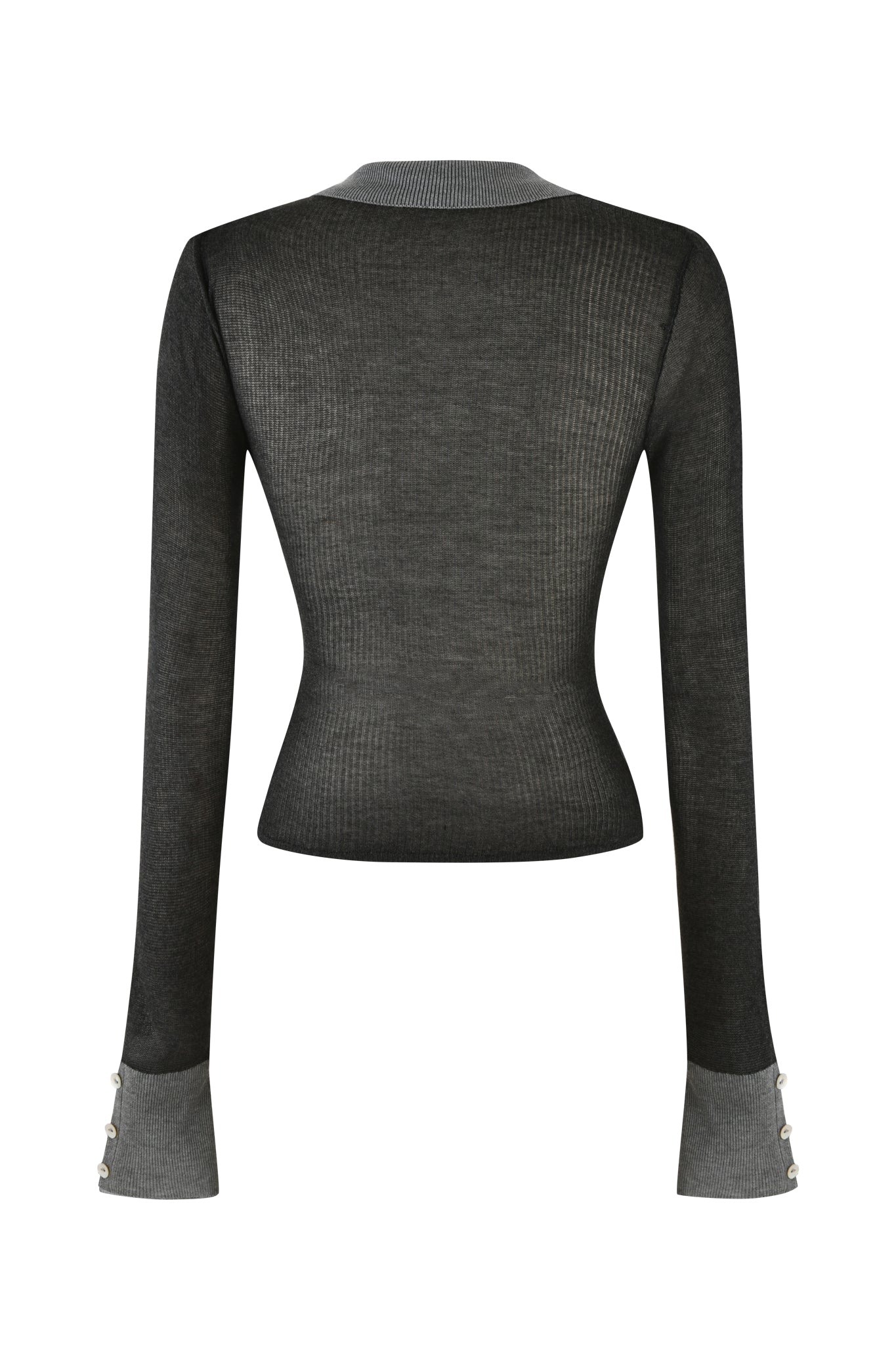 The Davina Top by I.AM.GIA in black features a fitted, long-sleeved design with true knit fabrication, flared cuffs adorned with three pearl shell buttons, and slightly lighter hem and neckline.