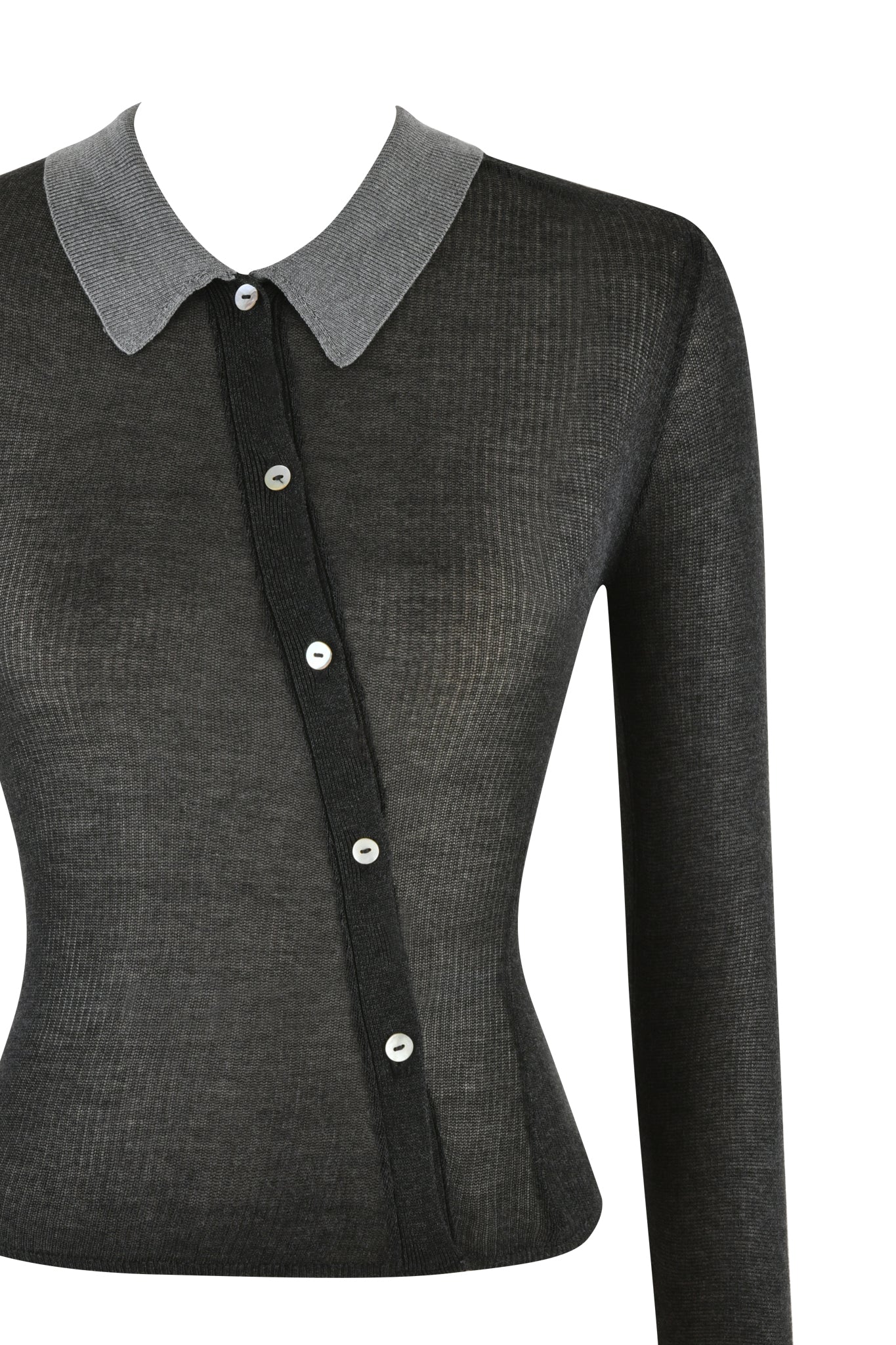 Introducing the Davina Top from I.AM.GIA: a long-sleeved, asymmetrical black ribbed sweater featuring true knit fabrication, a contrasting light gray collar, and an off-center button line with elegant pearl shell buttons for added sophistication.