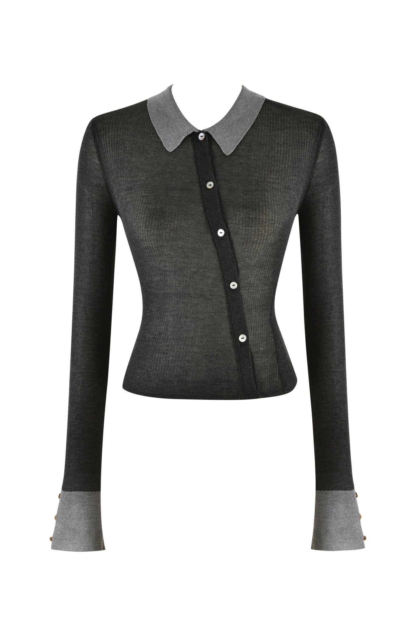 Introducing the DAVINA TOP - BLACK by I.AM.GIA: a fitted long-sleeve cardigan featuring a heather gray collar and cuffs, asymmetric button closure with pearl shell buttons, ribbed knit texture, and matching cuff button details.