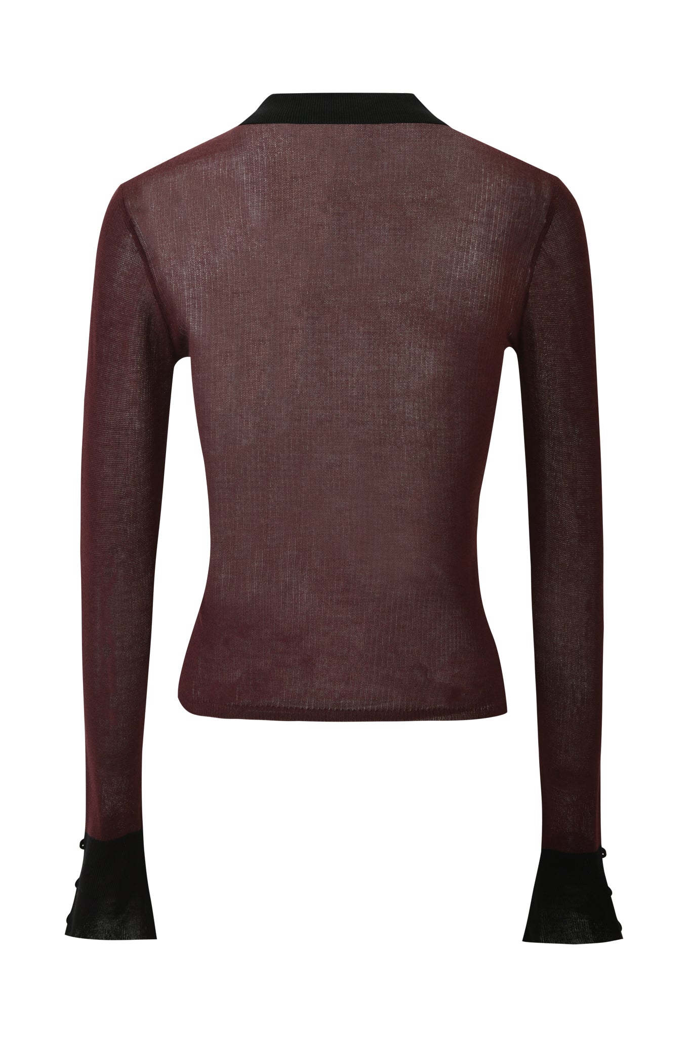 The DAVINA TOP by I.AM.GIA is a sheer brown knit seen from the back, featuring long sleeves with black cuffs and a black collar.