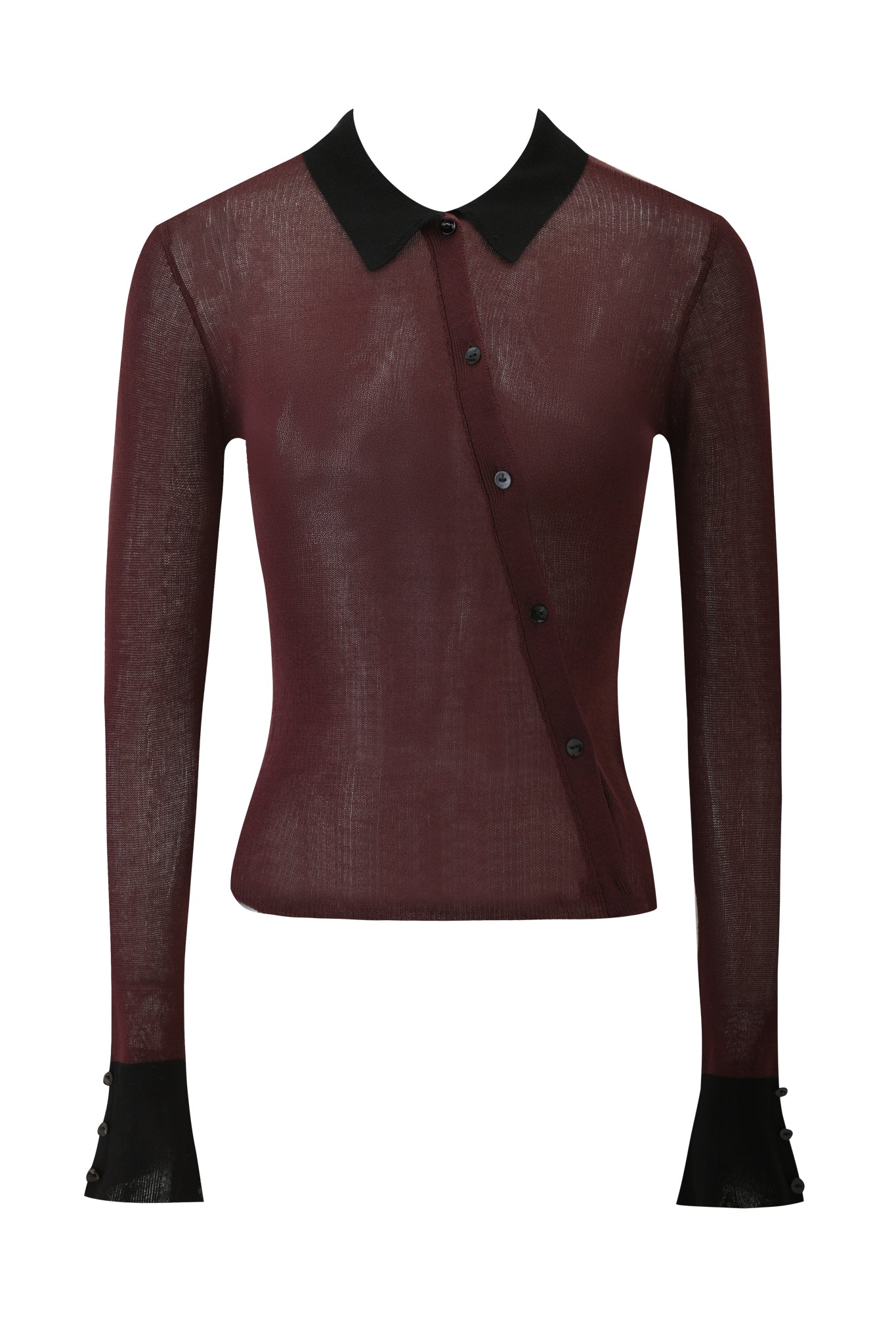 The DAVINA TOP by I.AM.GIA is a sheer brown long sleeve button-up shirt featuring a black collar, black buttoned cuffs, and a diagonally buttoned front.