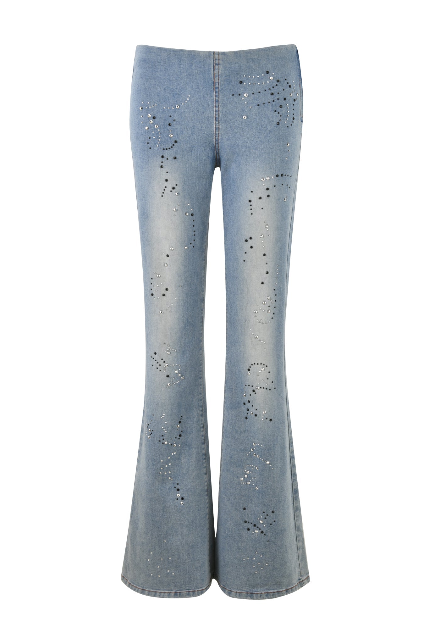The REQUIEM JEAN - BLUE by I.AM.GIA is a pair of light blue, high-waisted denim jeans featuring a flared silhouette with scattered diamante embellishments forming constellation-like patterns, displayed on a plain white background.