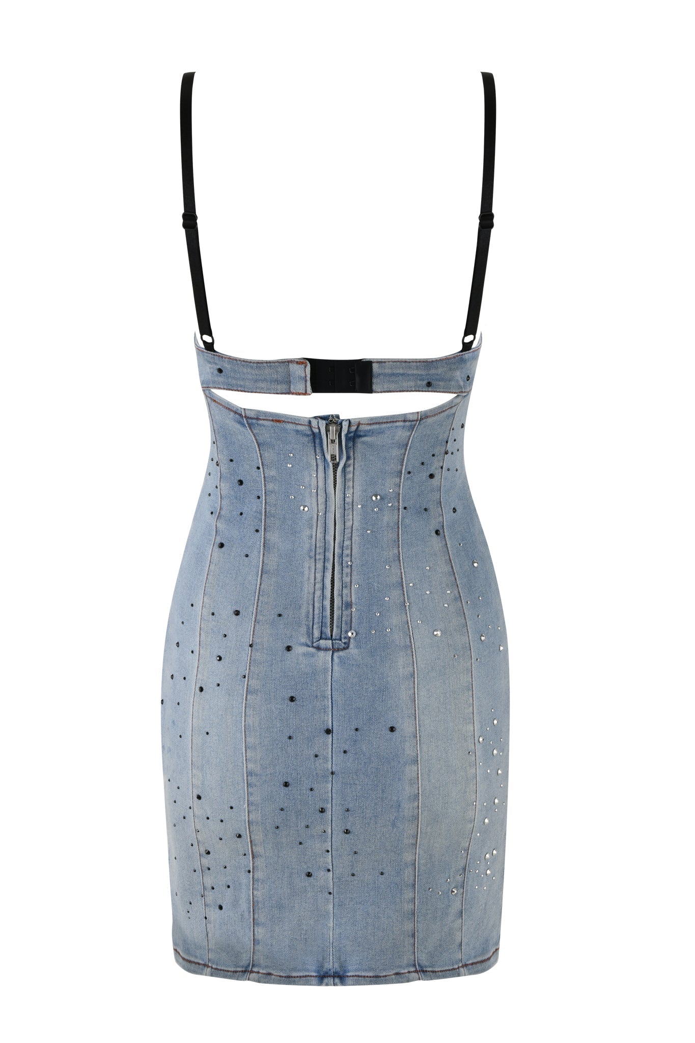 Back view of the I.AM.GIA REQUIEM DRESS - BLUE in denim blue with black adjustable spaghetti straps. The dress features a zipper closure down the middle, small scattered diamante embellishments, and darts for a fitted bodycon silhouette.