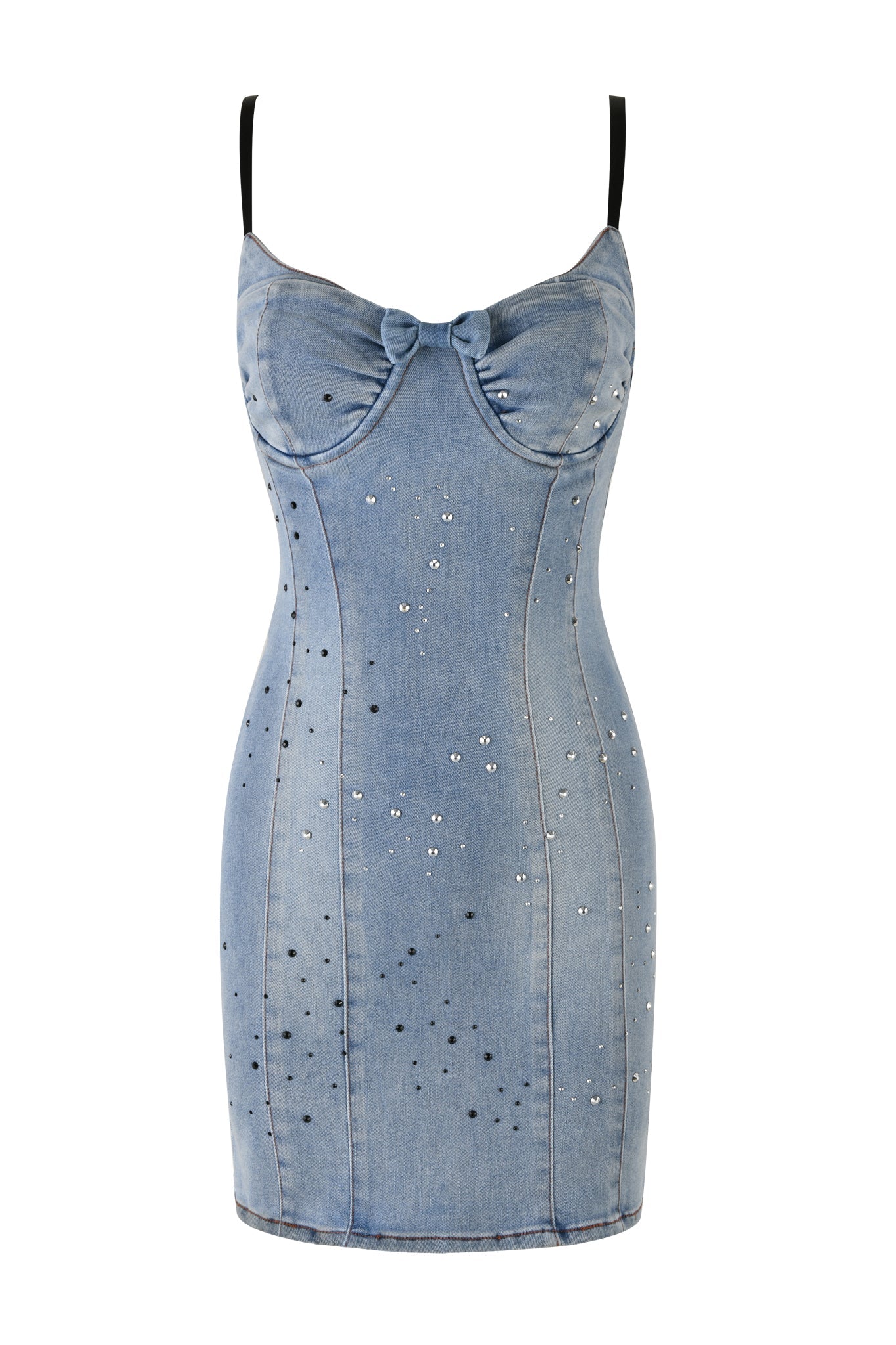 The REQUIEM DRESS - BLUE from I.AM.GIA is a form-fitting, denim blue mini dress with black spaghetti straps. It features a sweetheart neckline accented by a small bow, and is adorned with sparkling diamante embellishments scattered across the front.