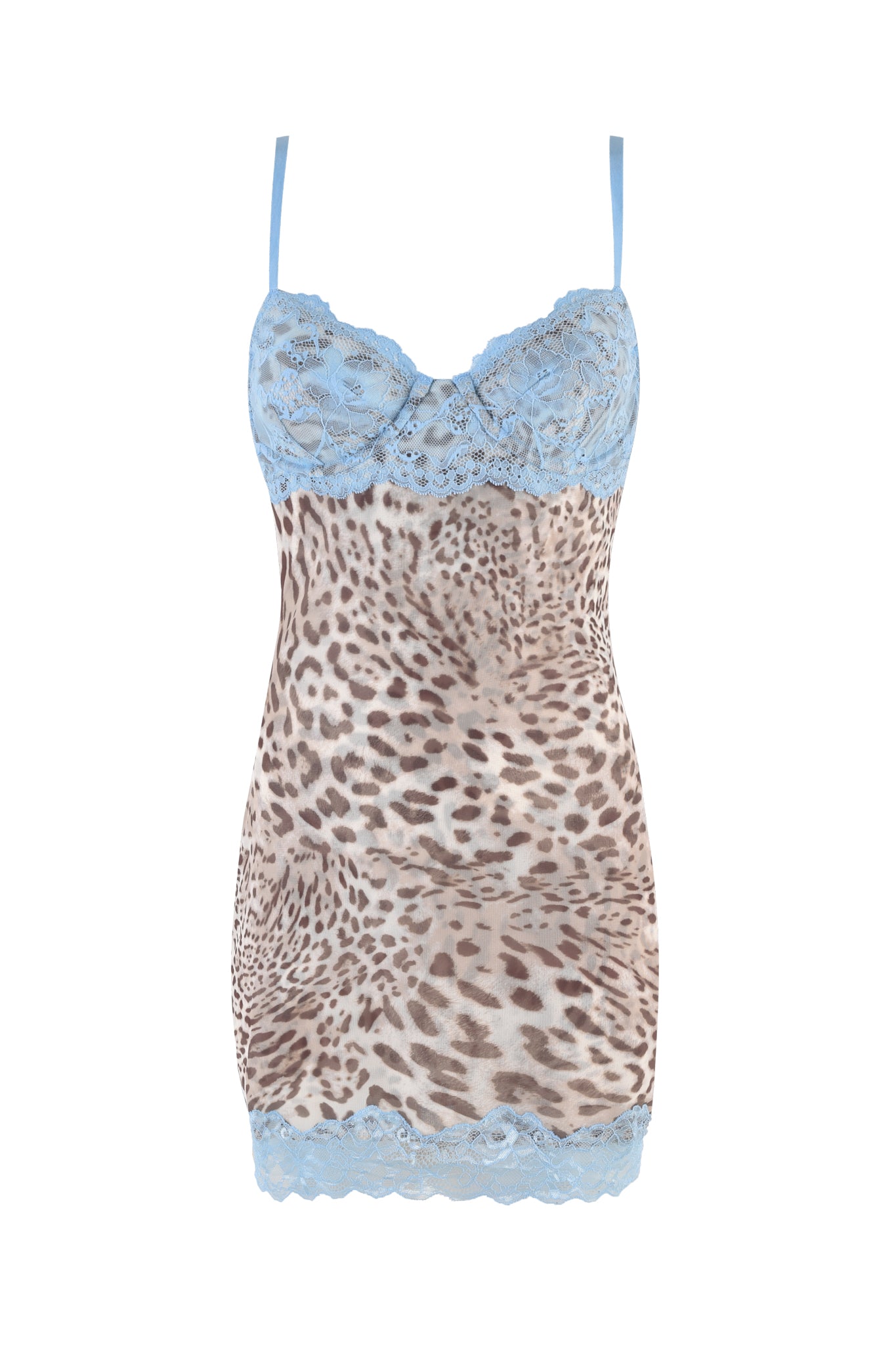 The I.AM.GIA CALYPSO MINI DRESS - NEUTRAL : LEOPARD LIMBO is a sleeveless slip dress showcasing a warped leopard print, accented with light blue lace detailing at the neckline and hem. With its thin straps and bodycon silhouette, it seamlessly blends sophistication with a hint of wild allure.