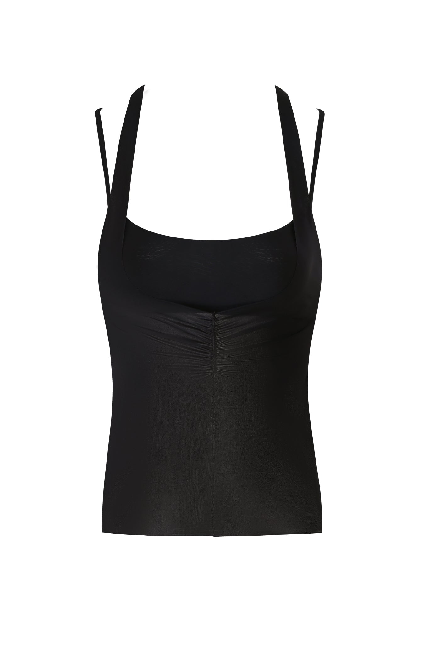 Back view of the NERINA TOP - BLACK by I.AM.GIA. This black racerback camisole features adjustable straps and boasts a smooth, bodycon fit. The slightly elastic fabric ensures a snug feel, while the design remains simple and minimalistic.