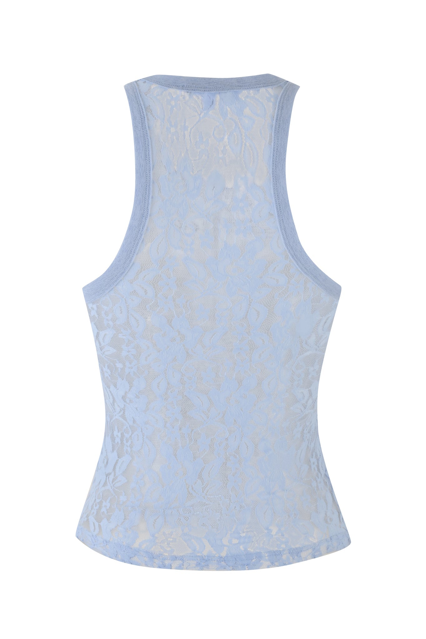 The image features the I.AM.GIA Hurley Top in baby blue, showcasing a sleeveless lace design with a racerback. The fabric exhibits an intricate floral pattern, and the top is elegantly displayed against a plain white background.