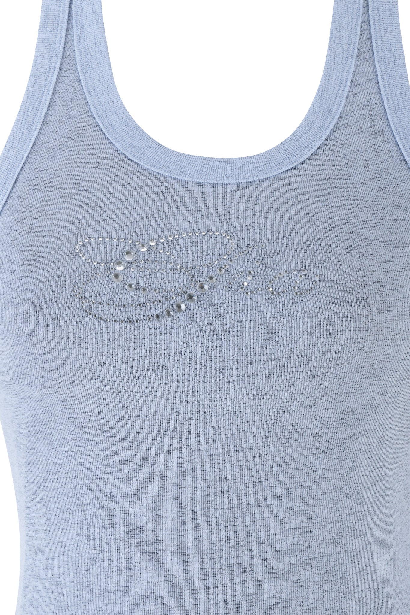This close-up highlights the HURLEY TOP by I.AM.GIA in a baby blue colorway, featuring the brand’s signature design of two interlocking loops adorned with small silver studs on the front.