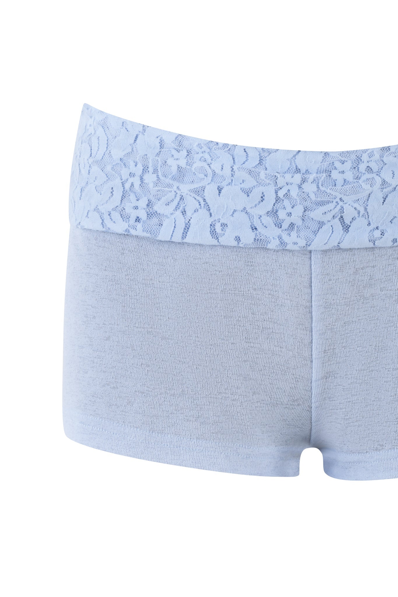 Introducing the HURLEY SHORT in Baby Blue from I.AM.GIA: This light blue women's underwear showcases a floral lace waistband paired with a solid fabric body. The design is simple yet elegant, seamlessly combining comfort with a flattering body-hugging fit that adds a stylish touch.