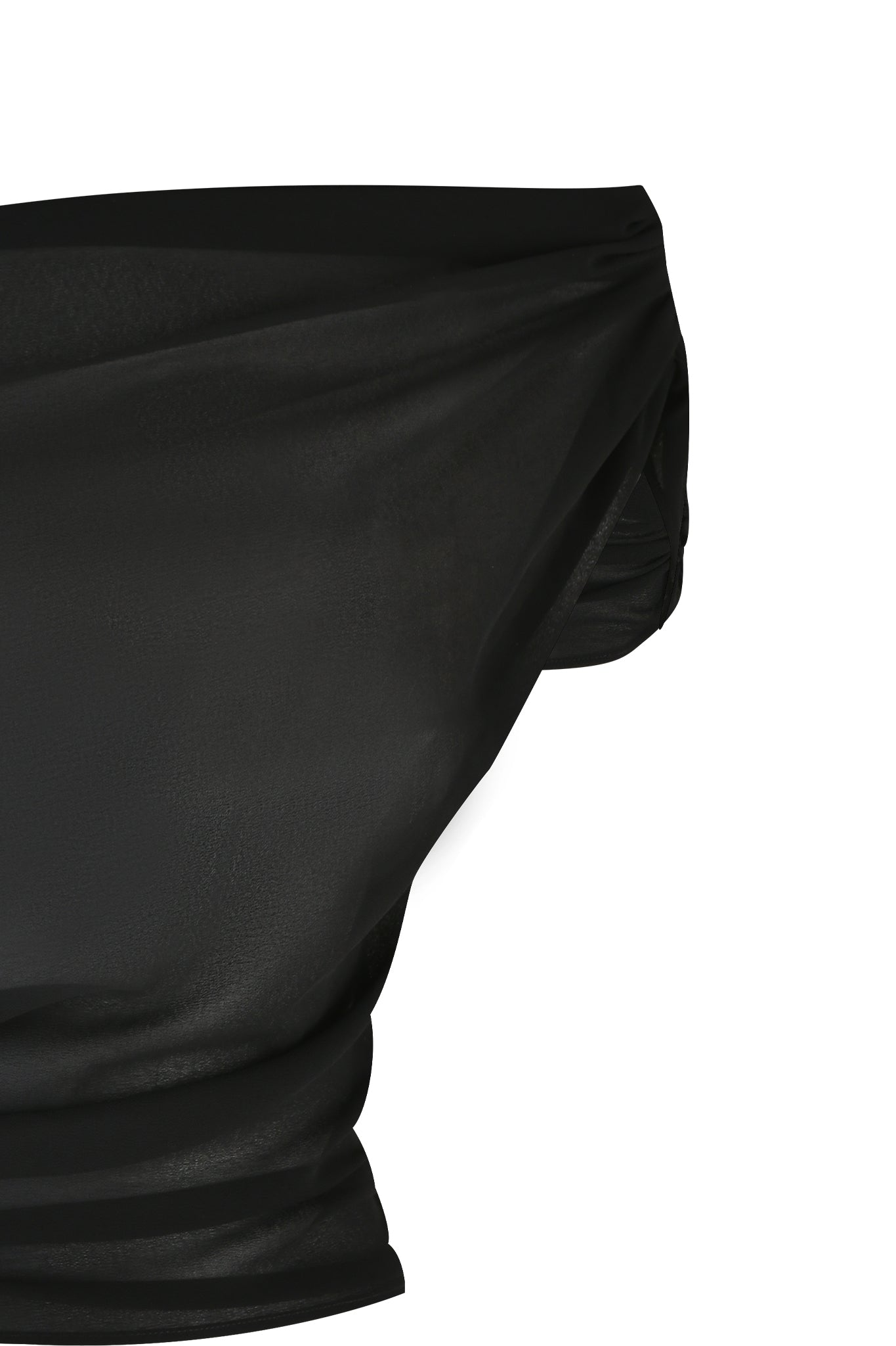 Close-up of the KAHLO TOP - BLACK by I.AM.GIA, showcasing a black off-shoulder design. The fabric looks soft with a slight gloss, featuring gentle folds and draping that hint at georgette material. Set against a plain white background, the top's relaxed fit and asymmetrical design are prominently highlighted.