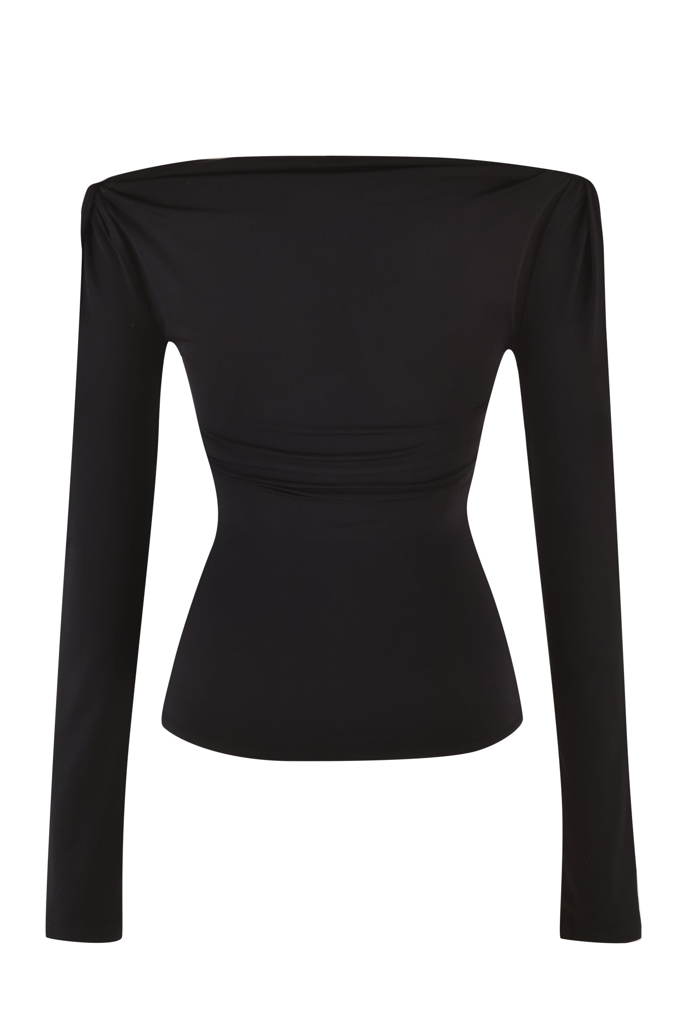A LORELAI TOP - BLACK by I.AM.GIA, featuring a long-sleeve, off-the-shoulder design, is displayed against a white background. The top boasts a bodycon silhouette with slightly ruched detailing at the bust.